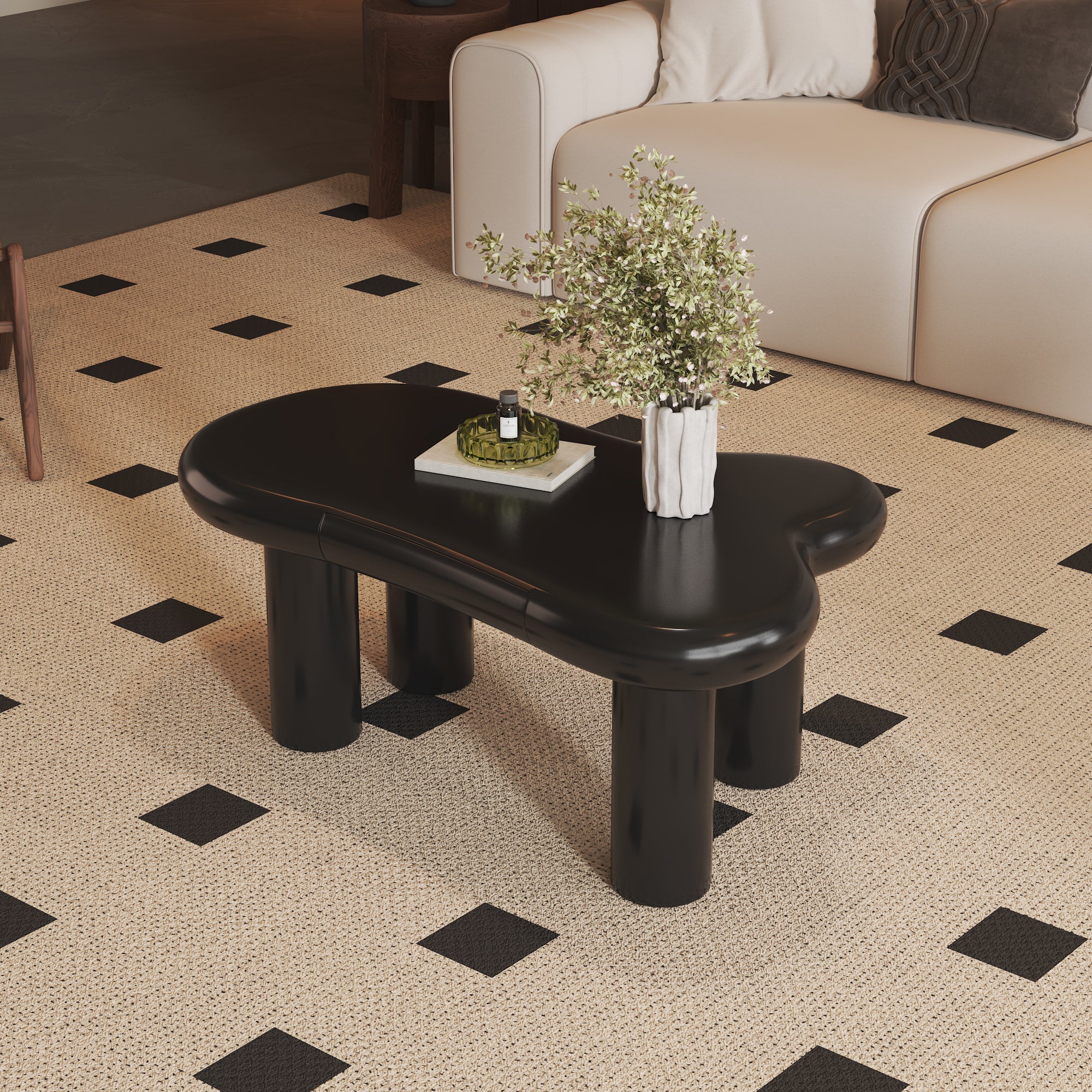 Coffee Table, Cloud-Shaped with 16-Color LED & Drawer, Black MDF