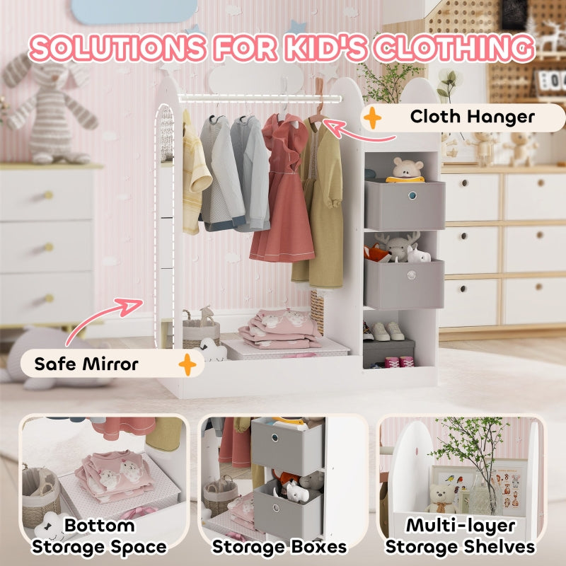 Kids Clothes Rail, Storage Shelf Boxes Mirror, White