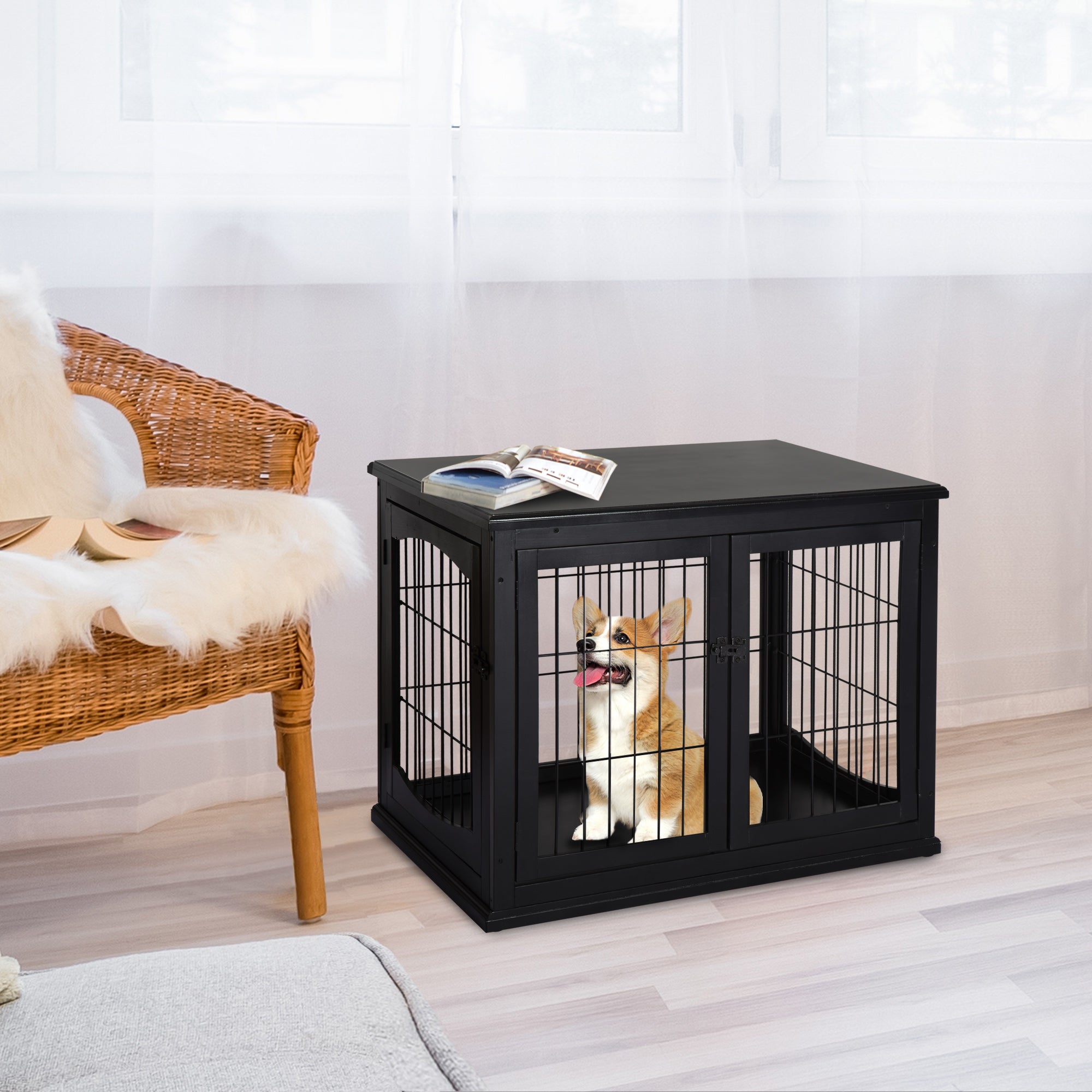 Dog House Table Top Indoor Cage, MDF Metal, Black