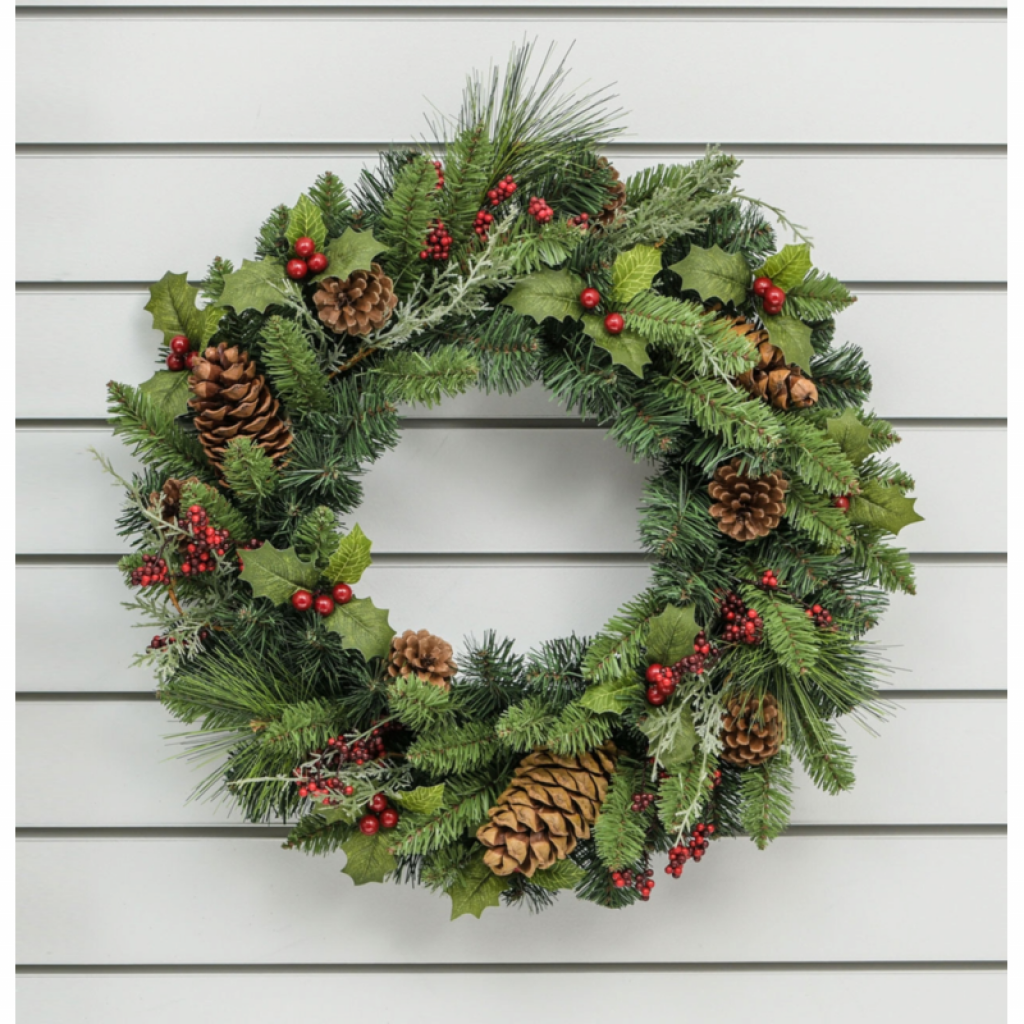 60cm Large Cone/Holly Wreath