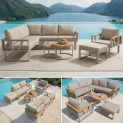 Modular Outdoor Seating Set with 9cm Cushions and 2 Wooden Tables, Grey and Beige
