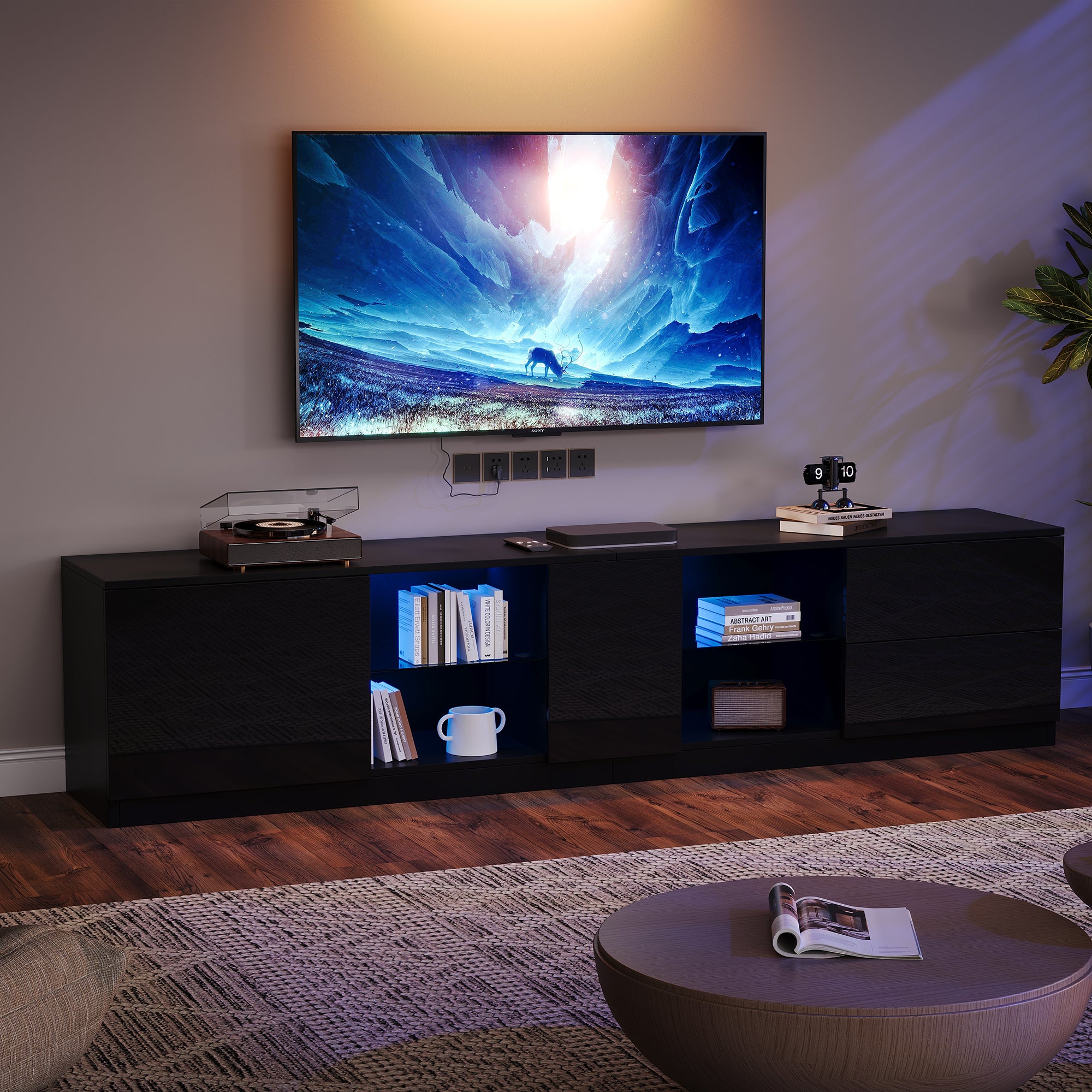 TV Stand, 160x40x52cm LED Lighting for 65" TVs, High-Gloss Black