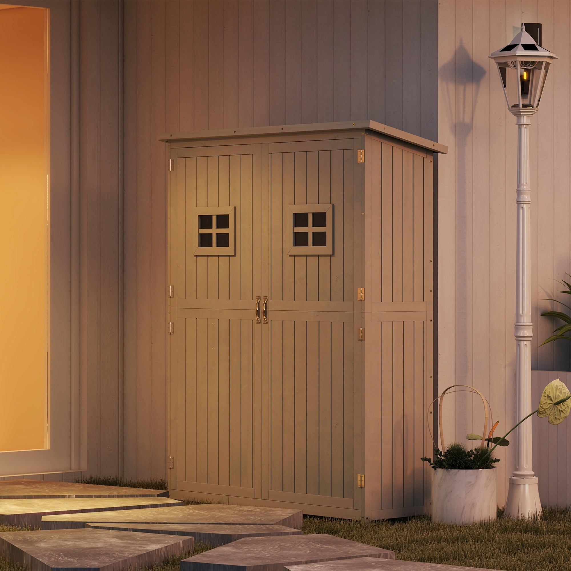 Wooden Garden Shed, Tool Storage Cabinet Outdoor Double Door Organizer, Grey