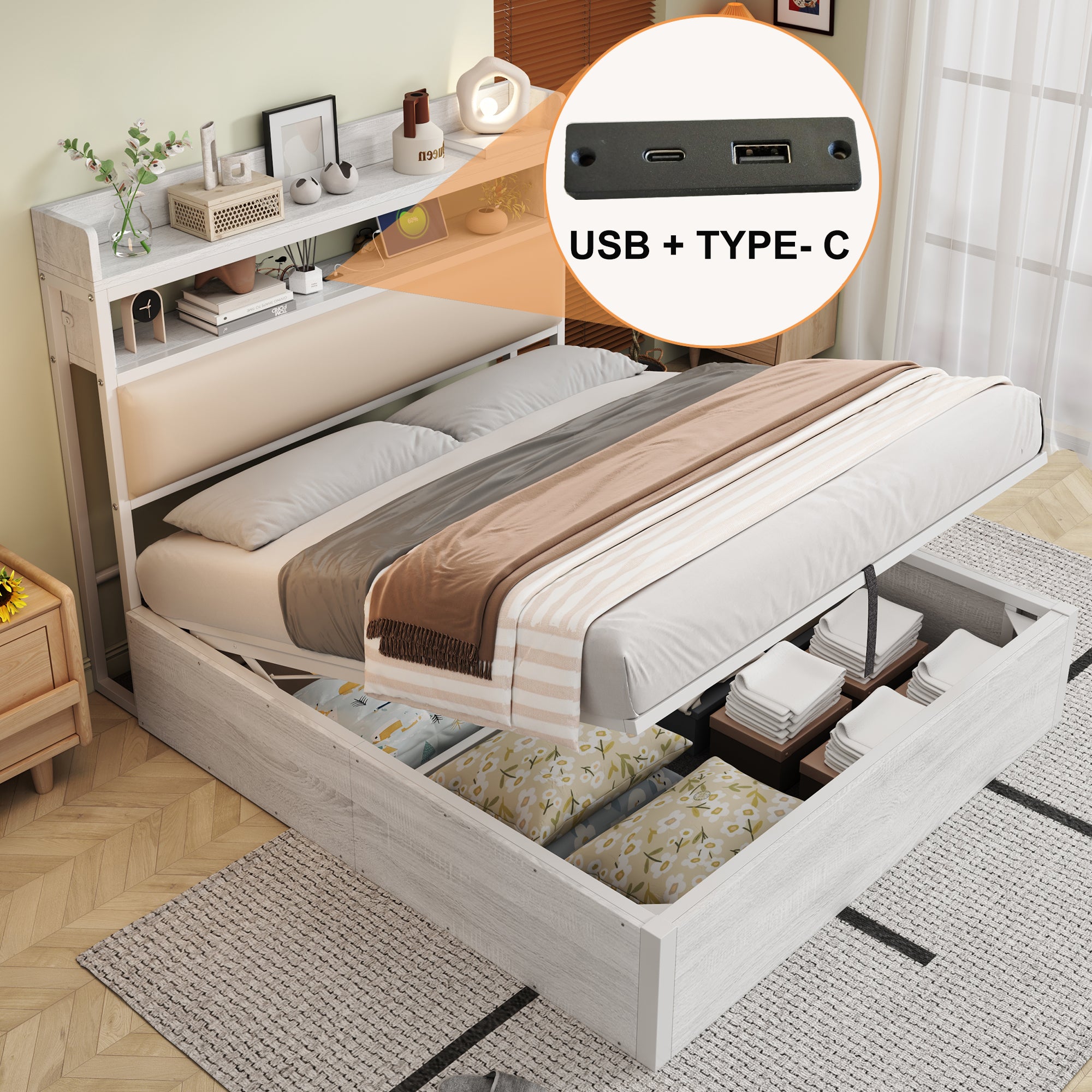 Bed Frame 140x200, Hydraulic Lift, USB, Upholstered Headboard, Wood & Metal, White