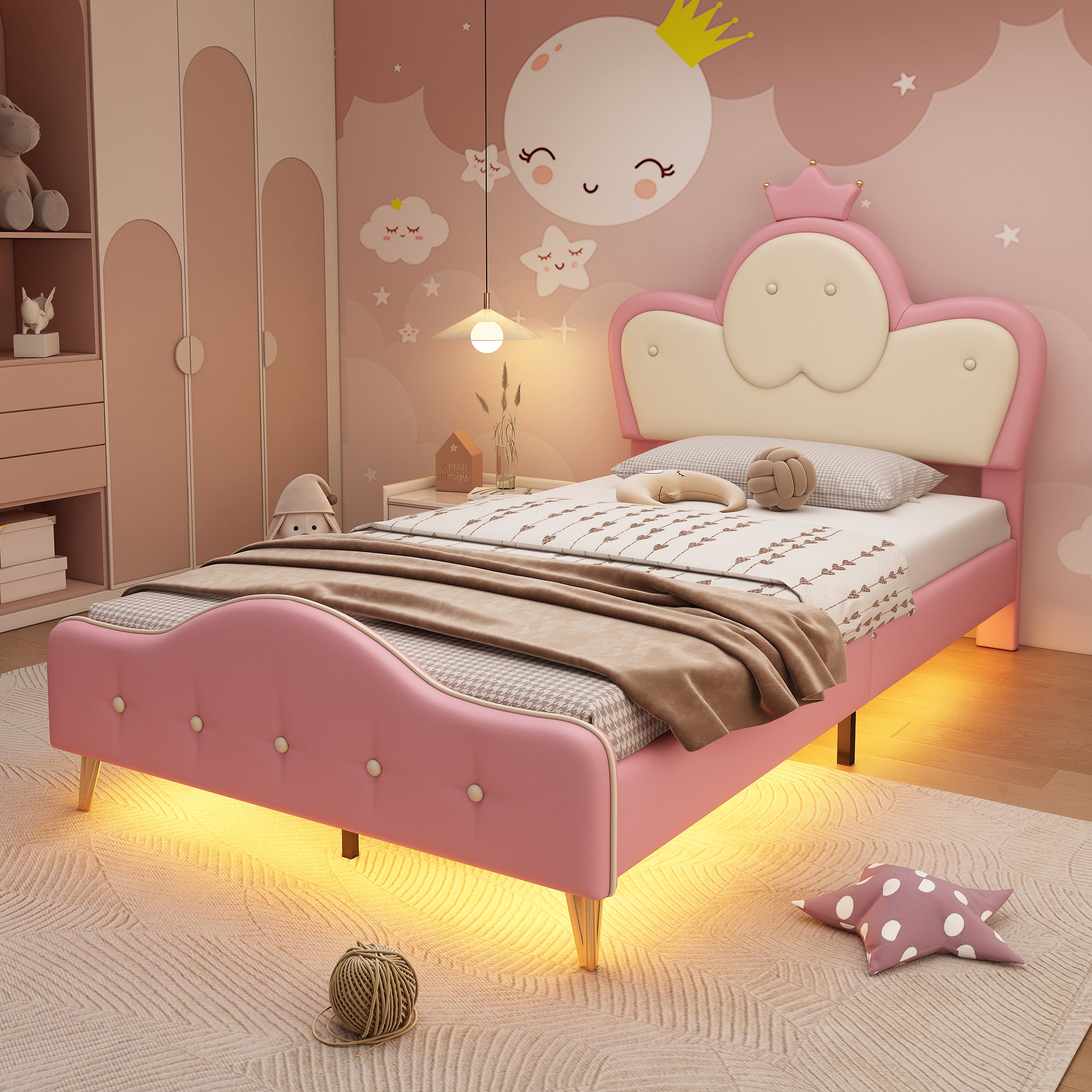 Upholstered Children's Bed with Crown Headboard, LED Strip, PU, Pink + White