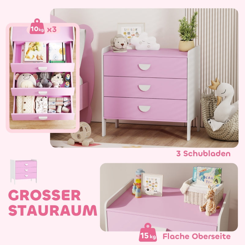 Children's Chest of Drawers, 3-Drawer Storage Cabinet, Pink+White MDF