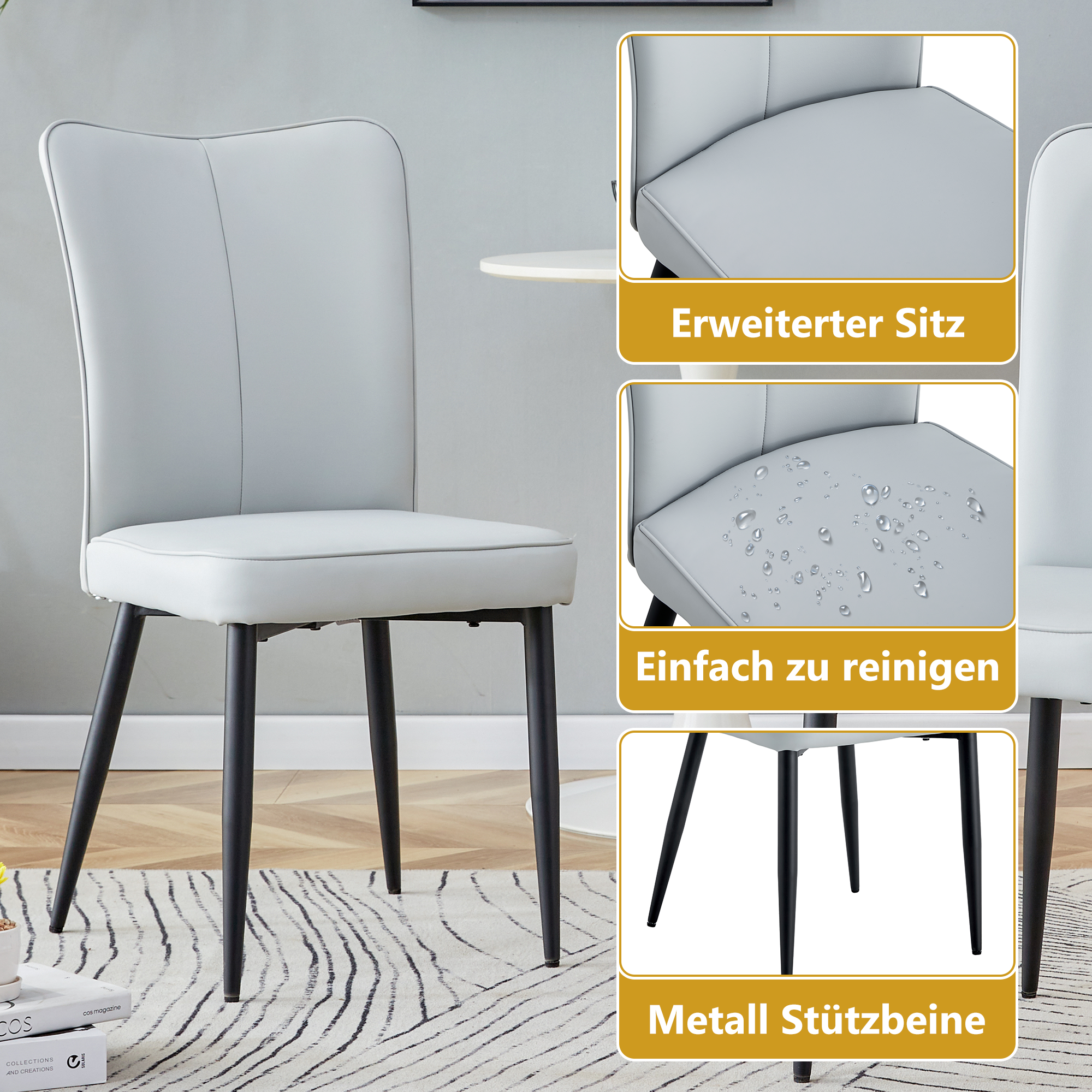 Dining Chairs, Set of 2 Modern 89cm High, Black Metal Legs, Light Grey PU