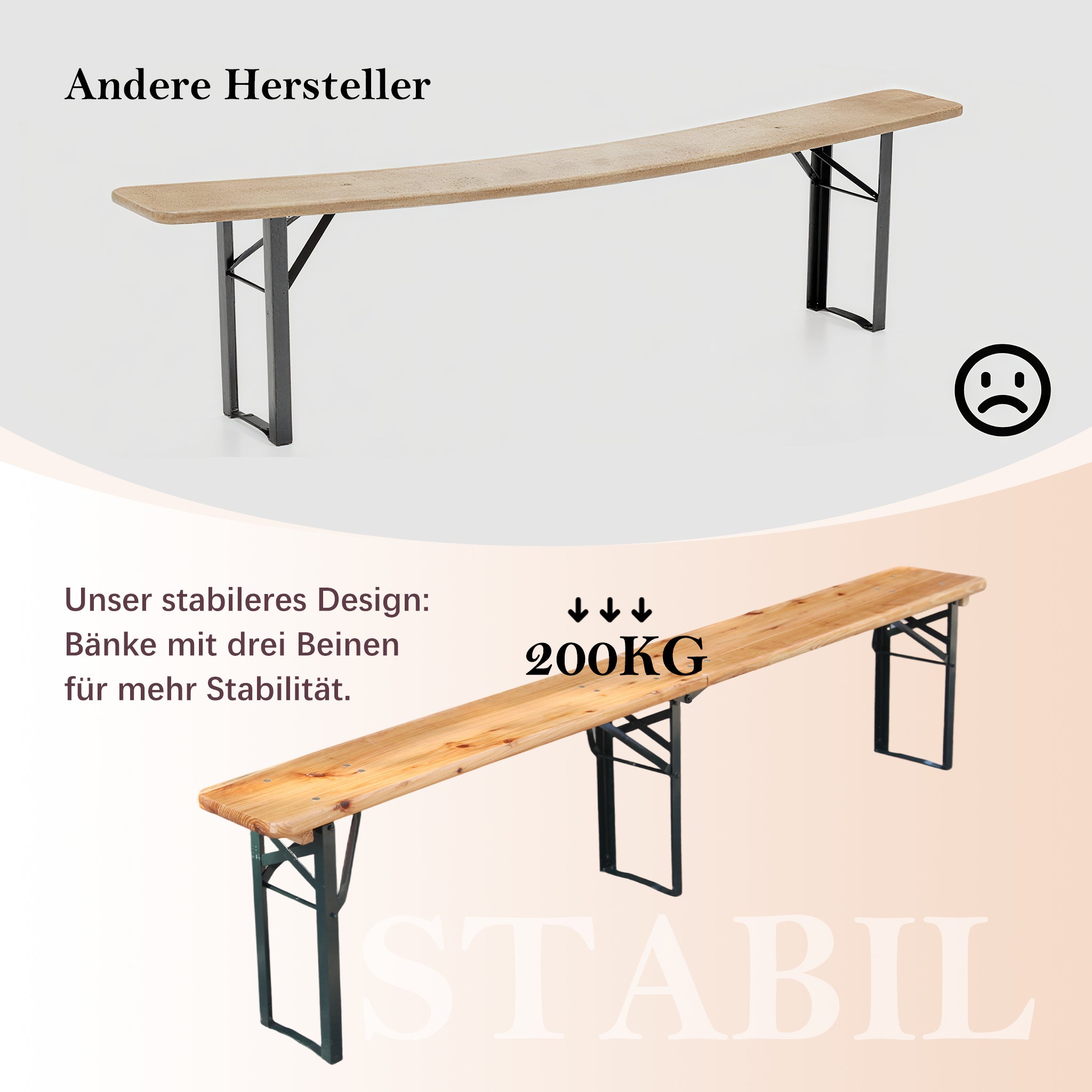 Foldable Beer Garden Set 220 cm 3-Piece Space-Saving - Solid Pine