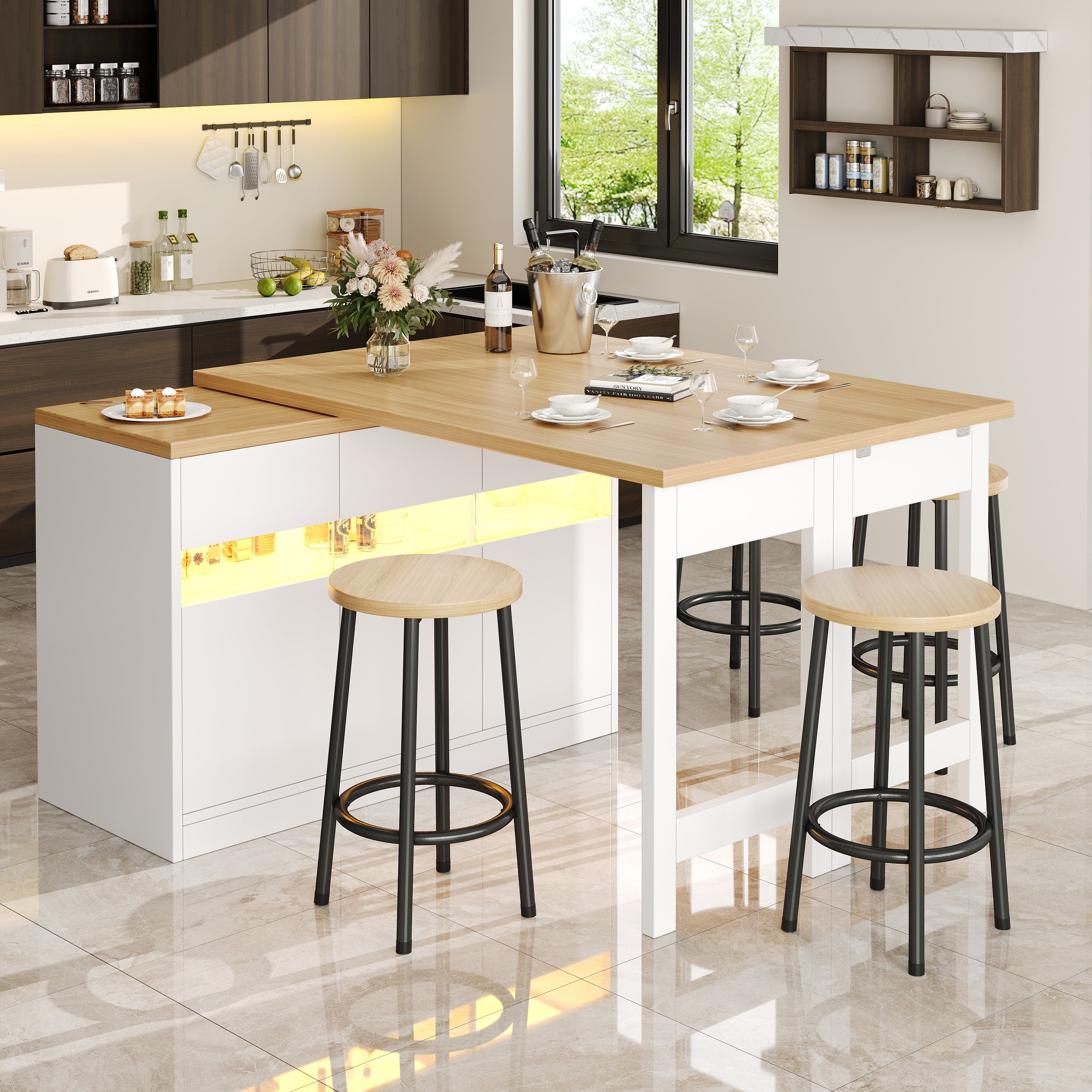 Extendable Bar Table with LED Lighting and 360° Swivel, 120-180cm Adjustable Length, White