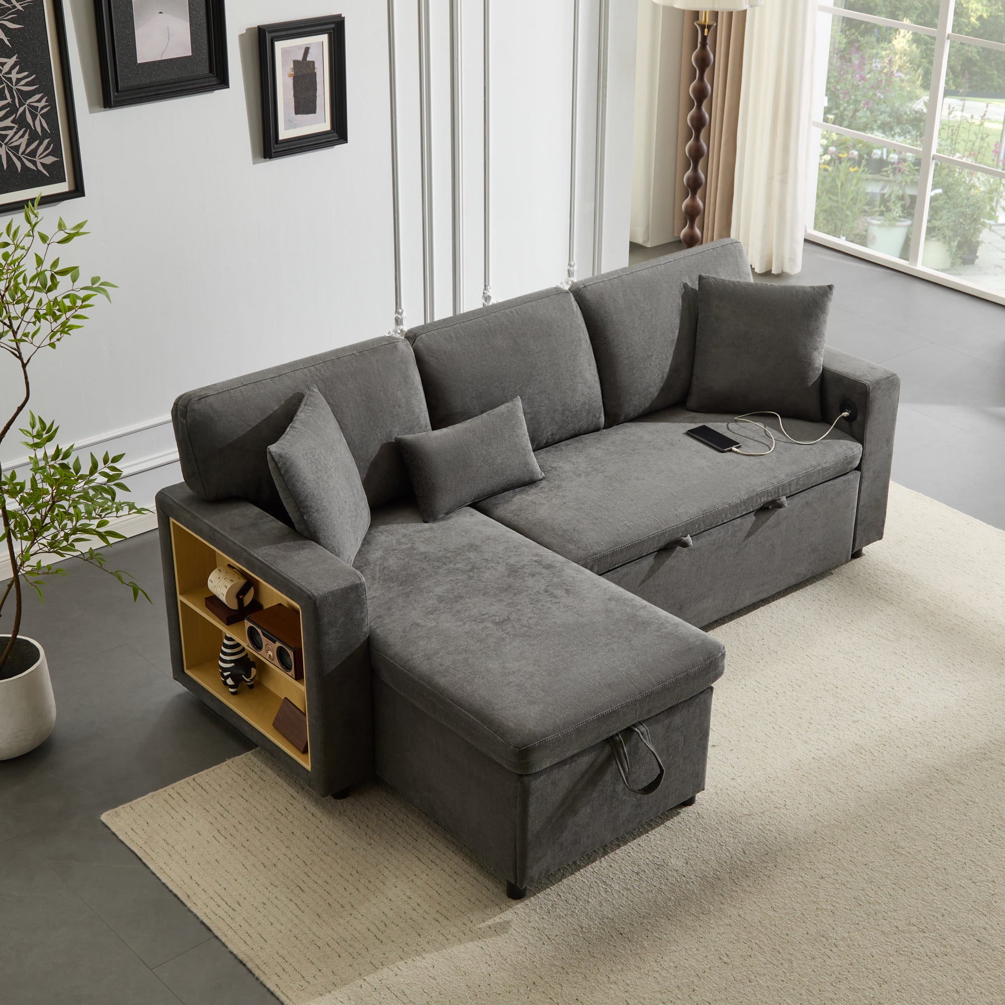 Corner Sofa Bed, L-Shaped Extendable with Storage & Shelf, Dark Grey