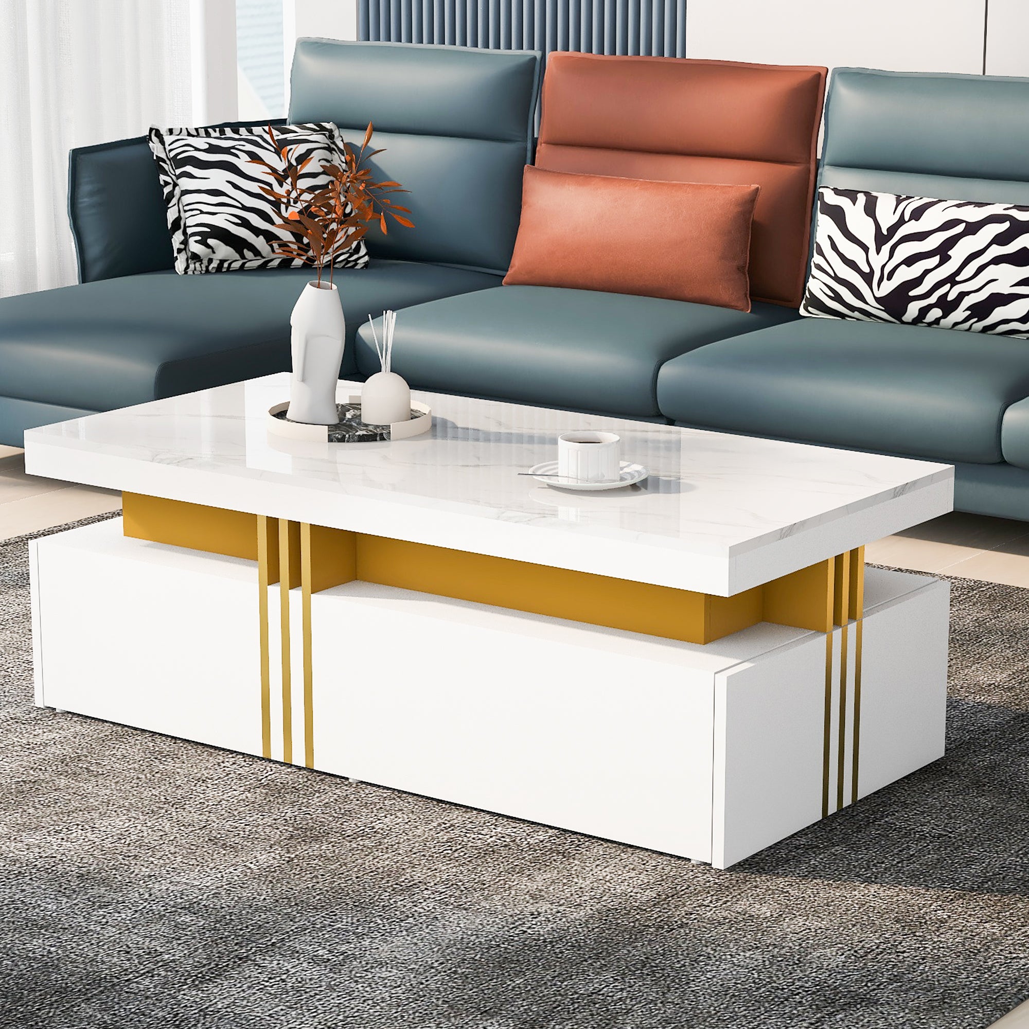 Modern rectangular coffee table with high gloss top and 2 wooden drawers, marble tabletop