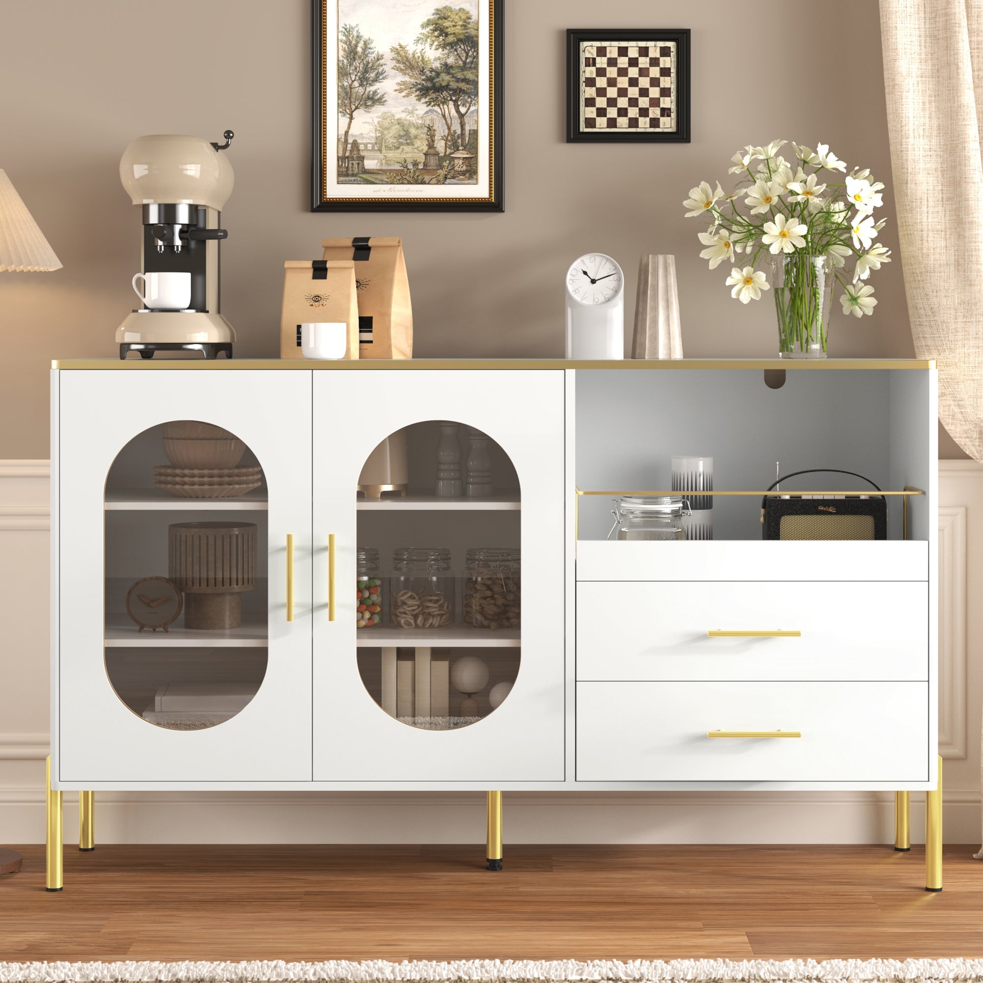 Sideboard Cabinet, 2 Drawers 2 Glass Doors Modern, White Gold Accents