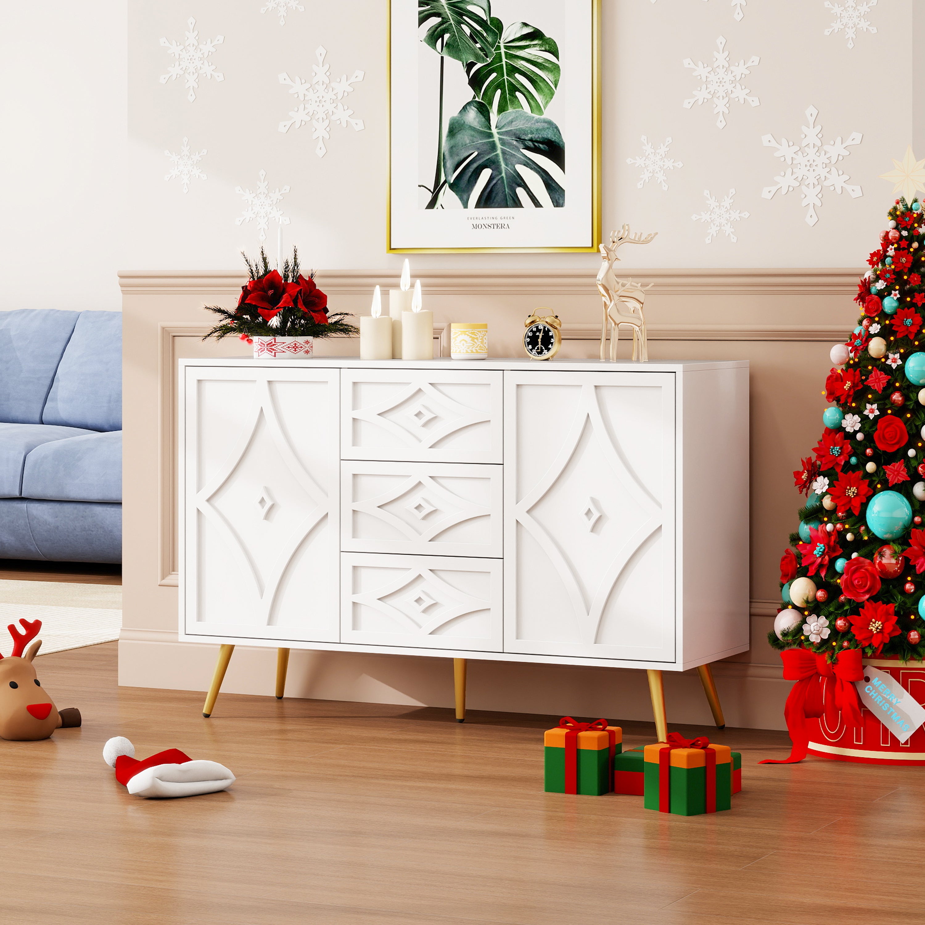 Chest of Drawers, Diamond Pattern with 3 Drawers & 2 Doors, Gold Feet White