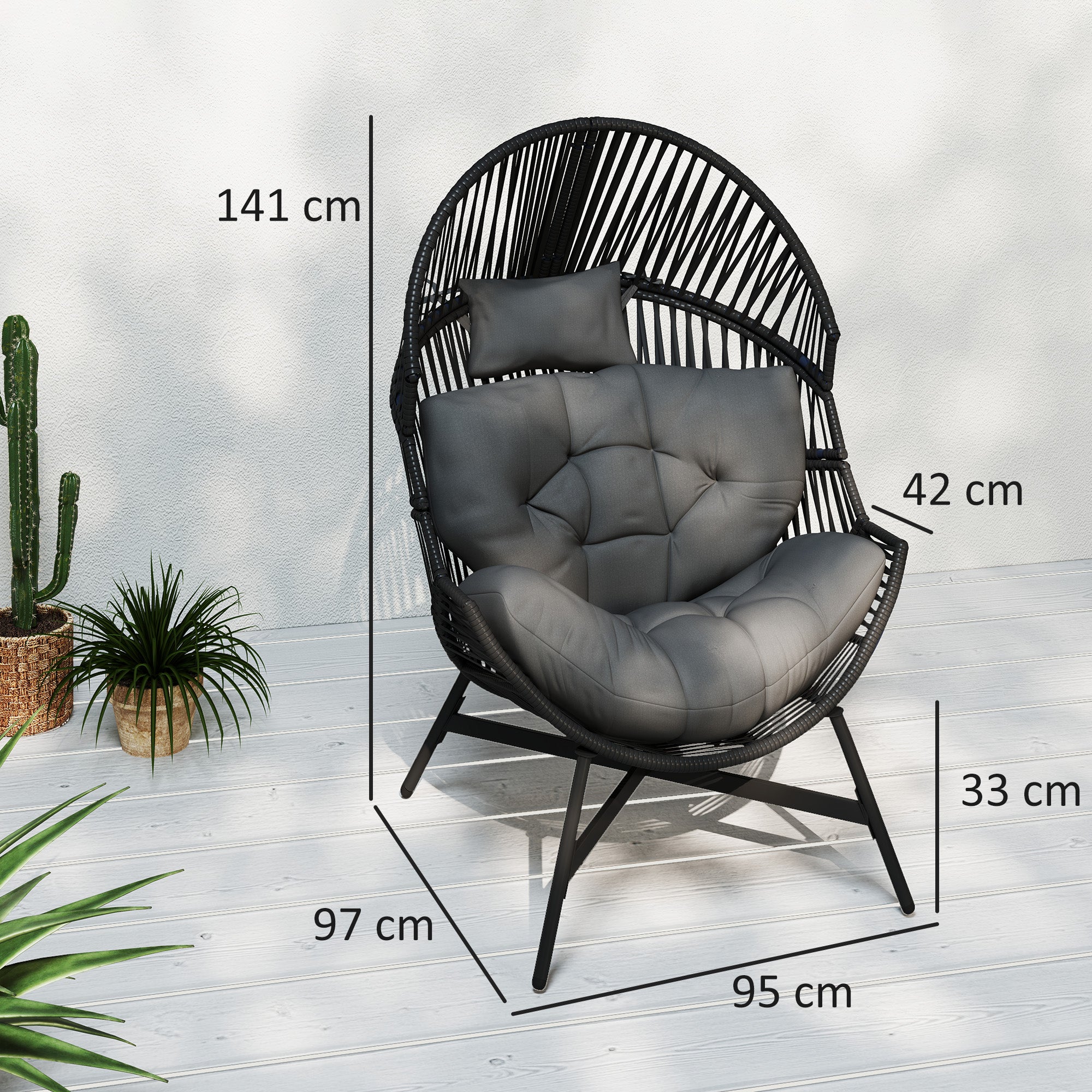 Rattan Egg Chair, Oversized Freestanding with Thick Tufted Cushion, Charcoal Grey