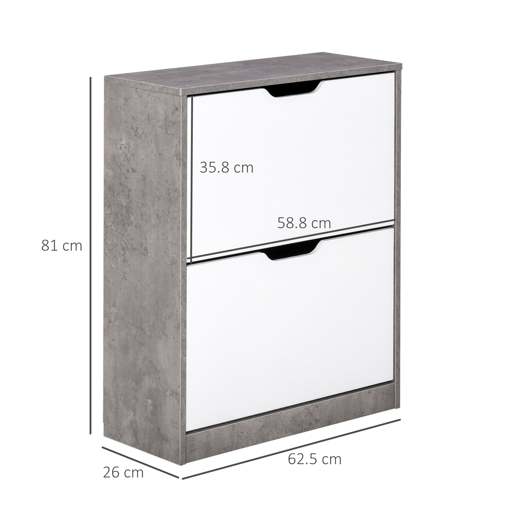 Two Drawer Shoe Cabinet with Adjustable Shelves and Groove Handles, Grey/White