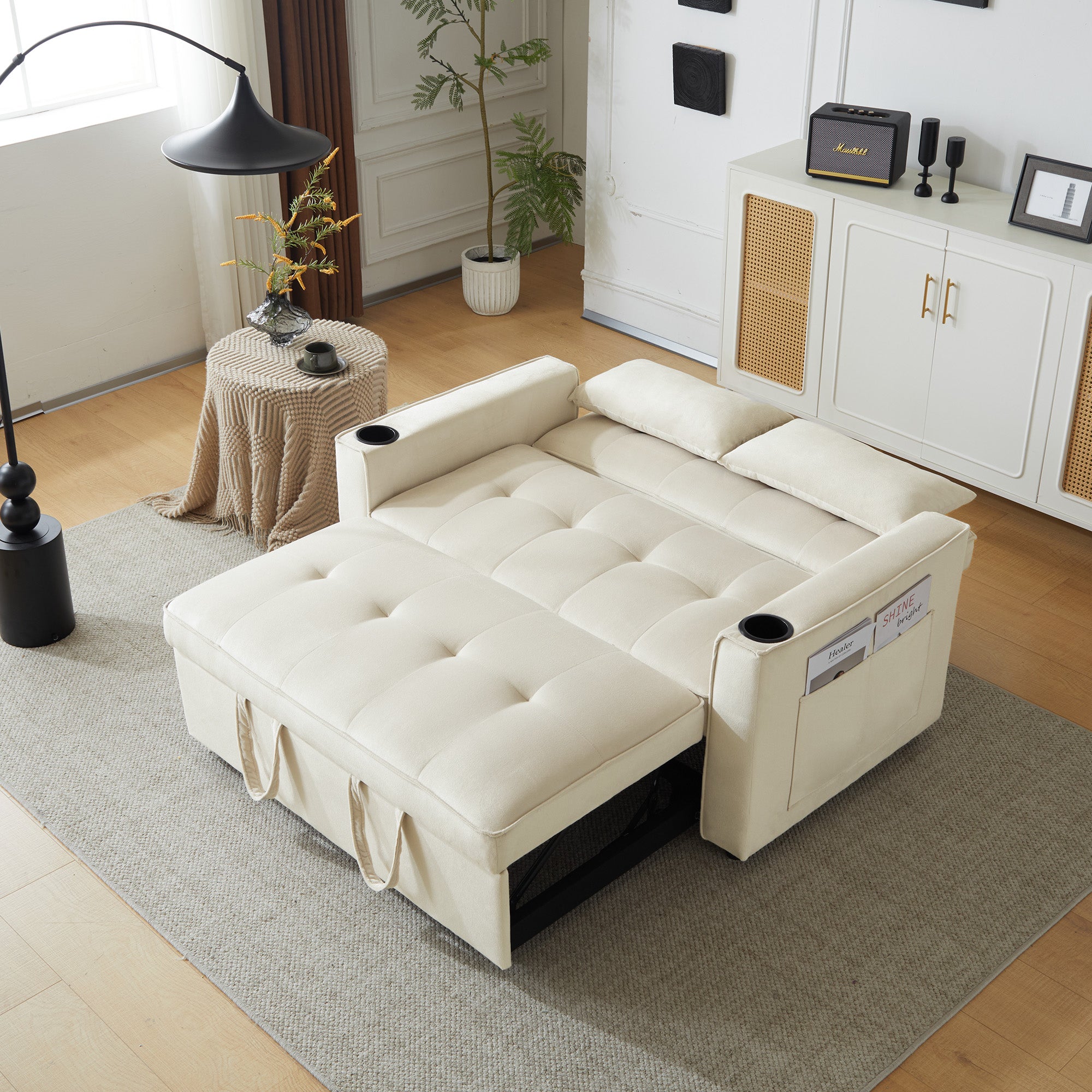 Folding Sofa Bed, Multifunctional with Cup Holder & Pillow, for Living Room, Bedroom, Home Theater