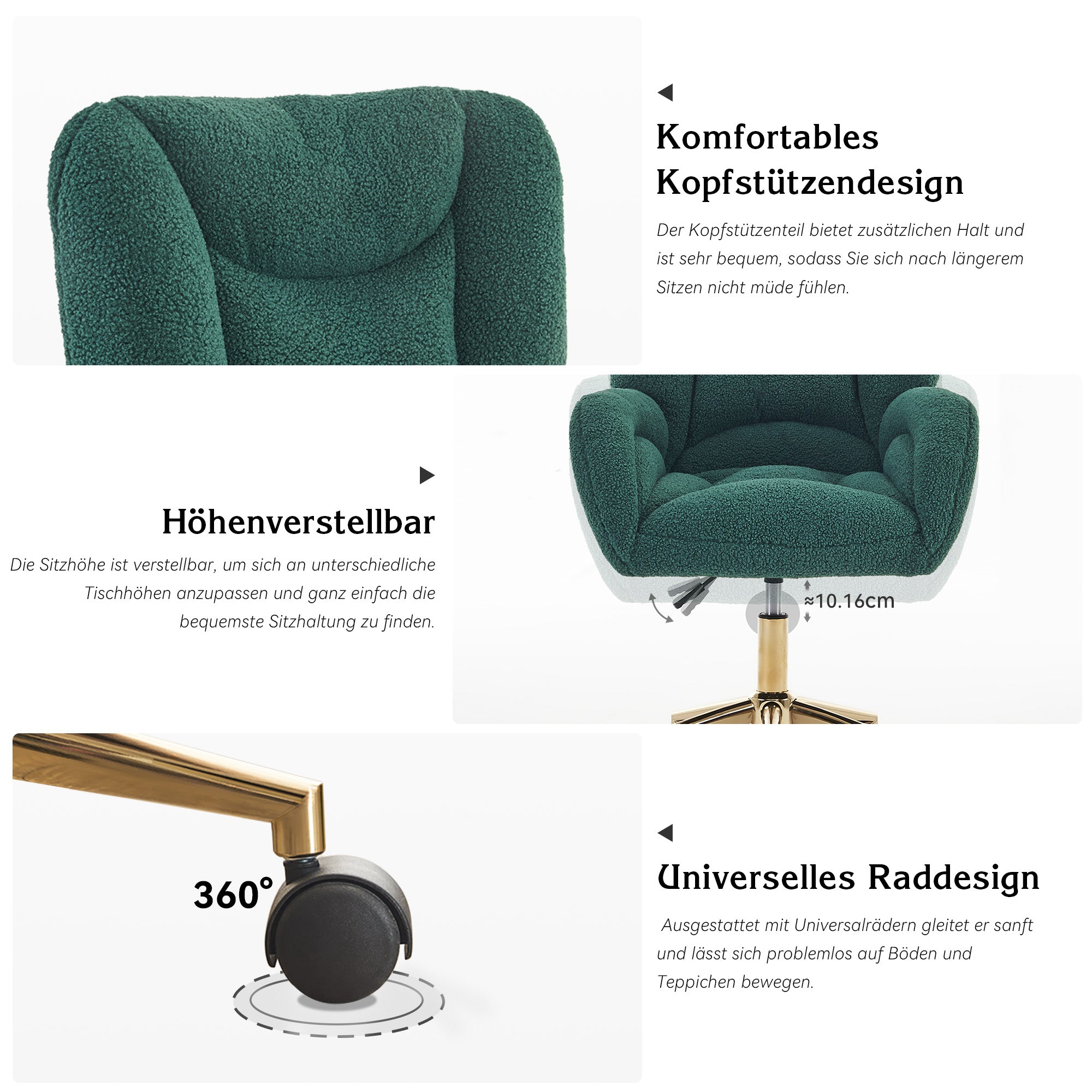 Swivel Chair Adjustable Height Gold Legs Teddy Fabric - Green