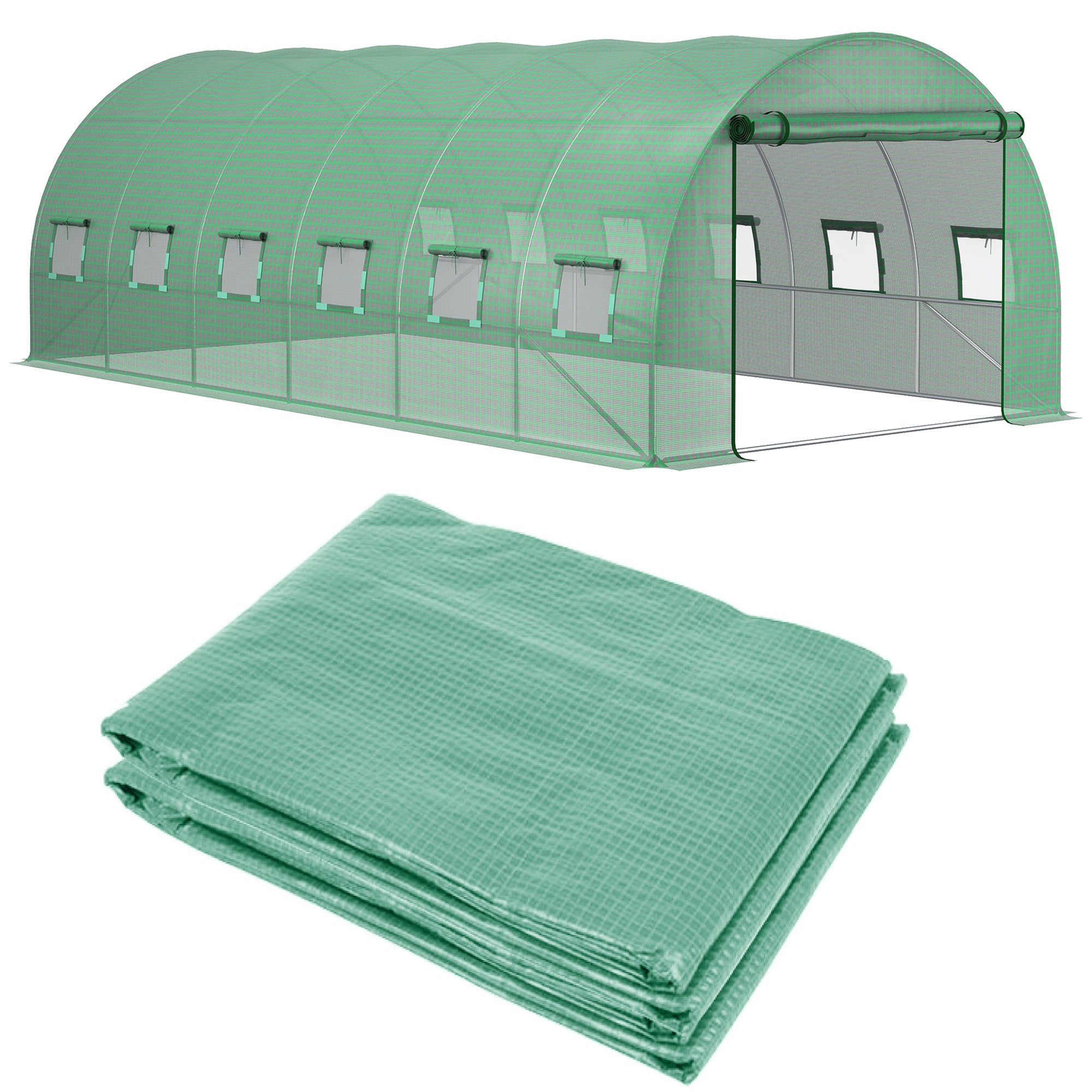 6x3x2m Tunnel Greenhouse Replacement Cover with Roll-up Windows and Door, PE Green