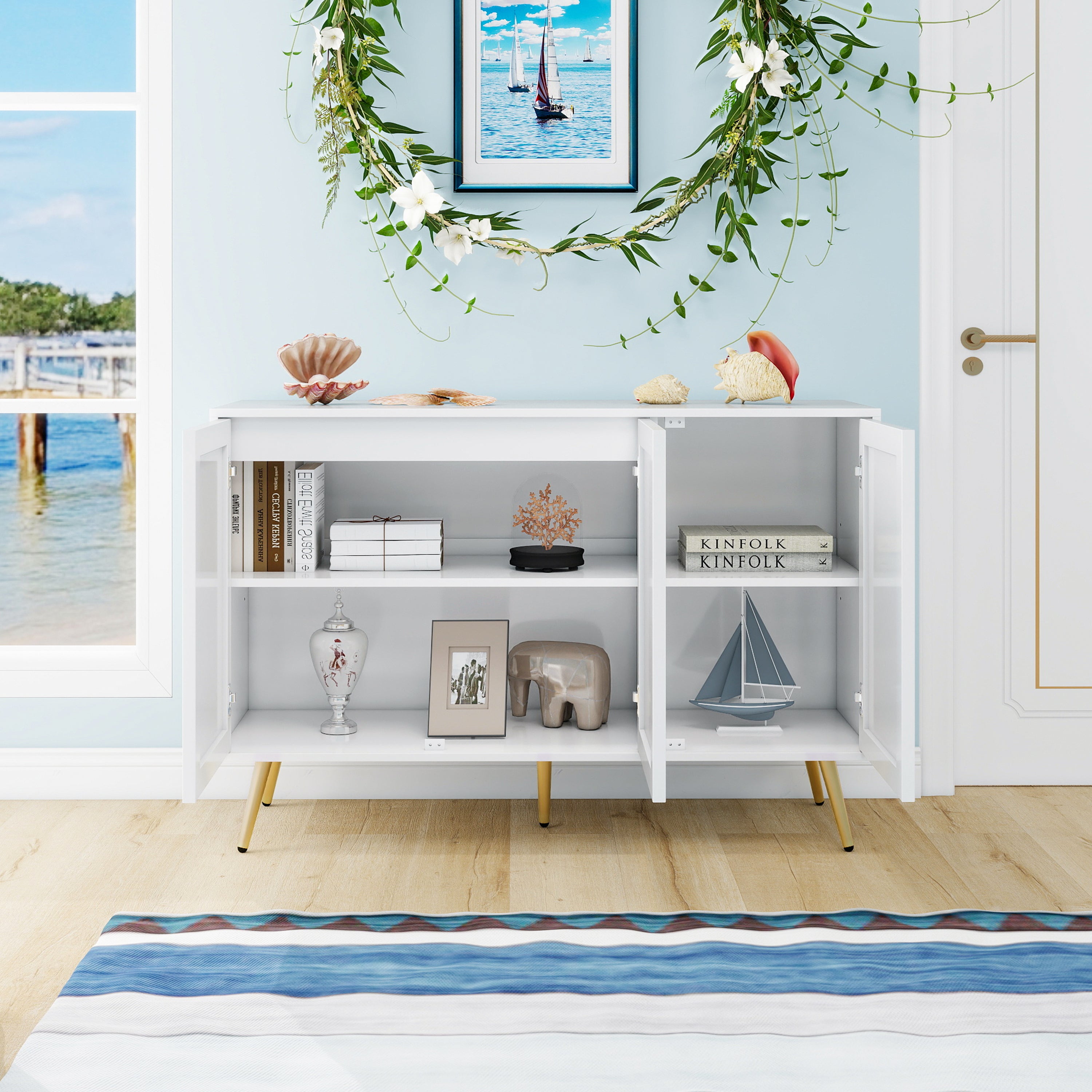 Sideboard Cabinet, 3-Door, 3D Carving, Gold Metal Legs, White