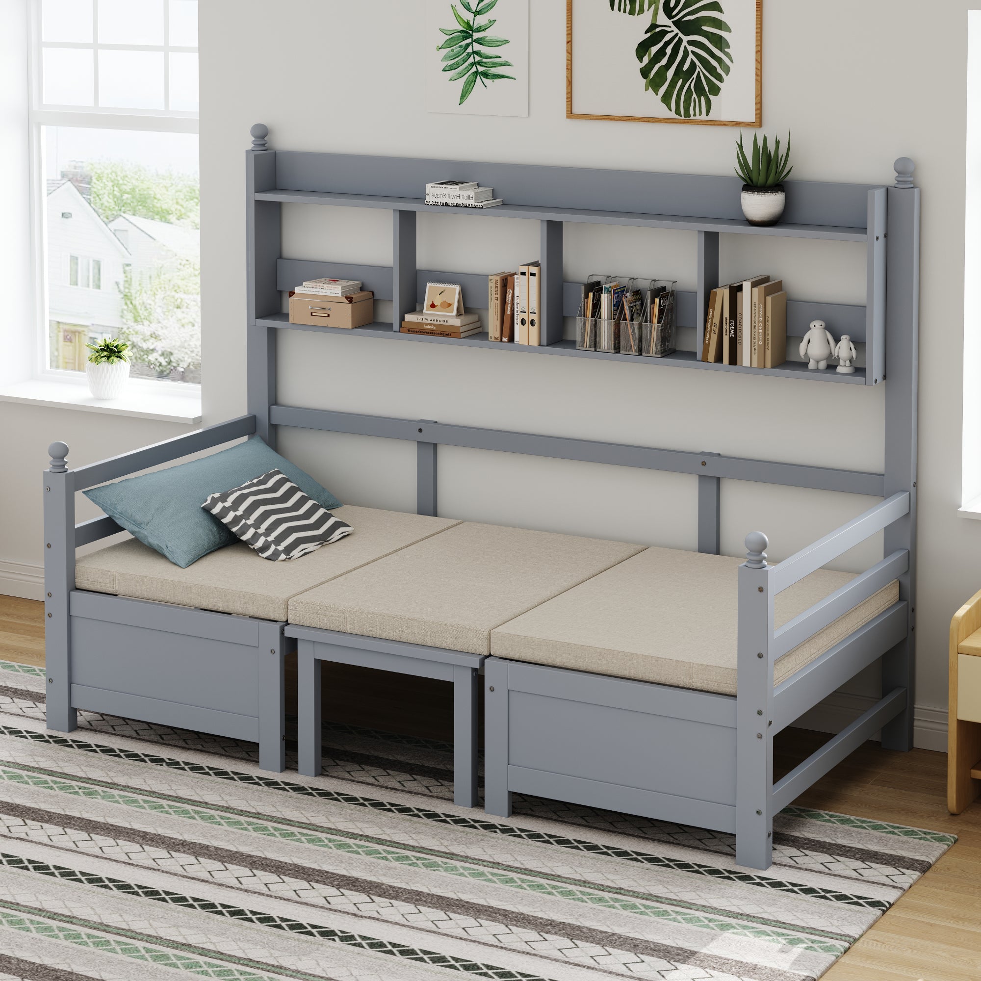Sofa Bed, Multifunctional 2-in-1 Bed & Desk with Bookshelf, Solid Wood Gray