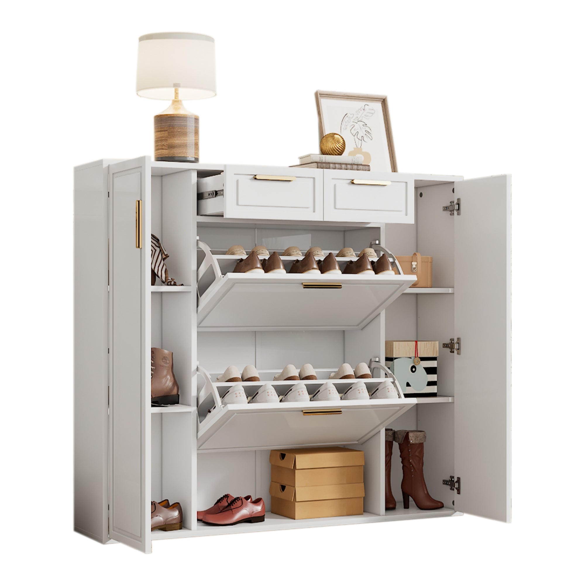 Modern shoe cabinet with adjustable shelves, 2 drawers, folding and 2 doors, white