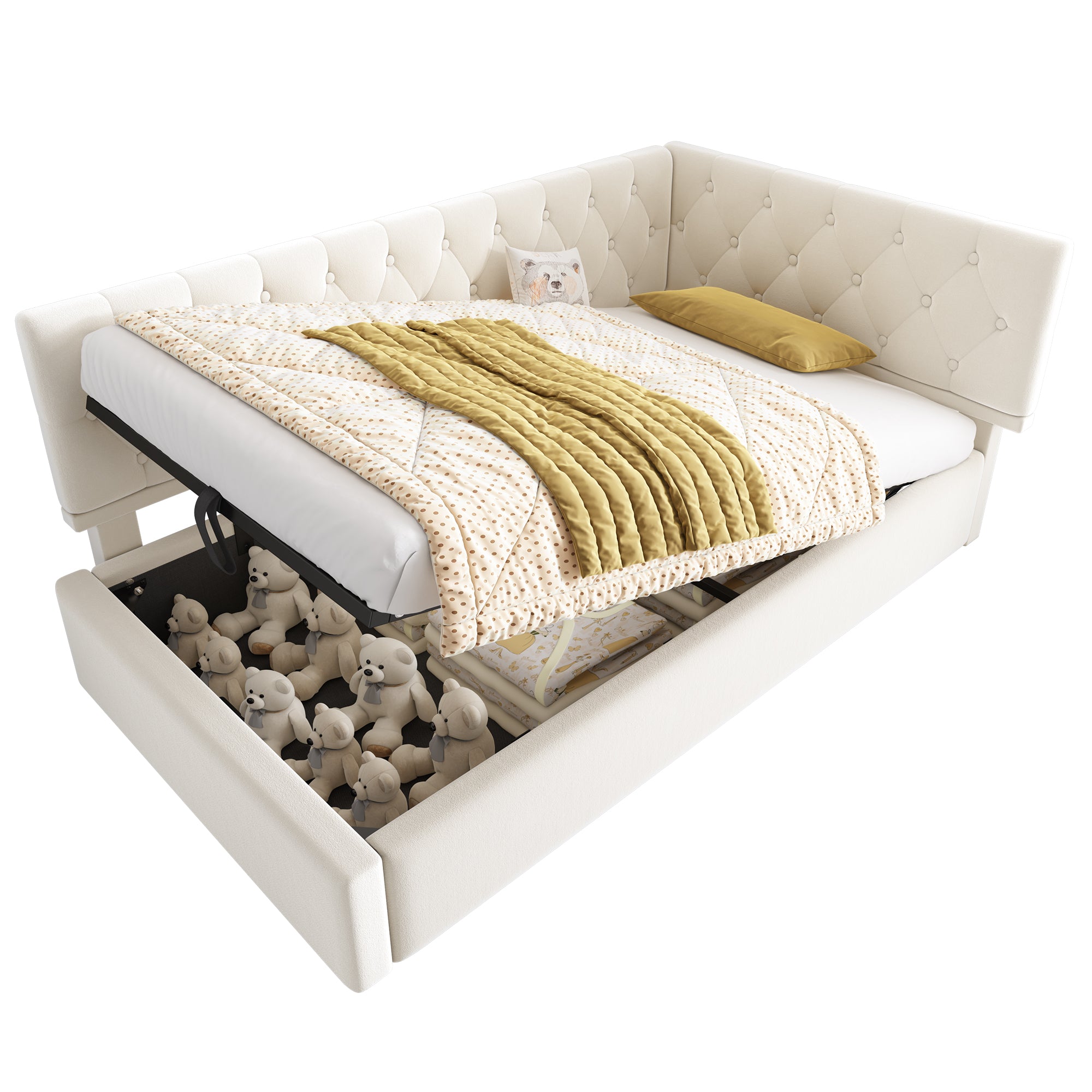 Upholstered Bed, Daybed 90x200cm with Hydraulic Storage, Wooden Slatted Frame, Beige Velvet