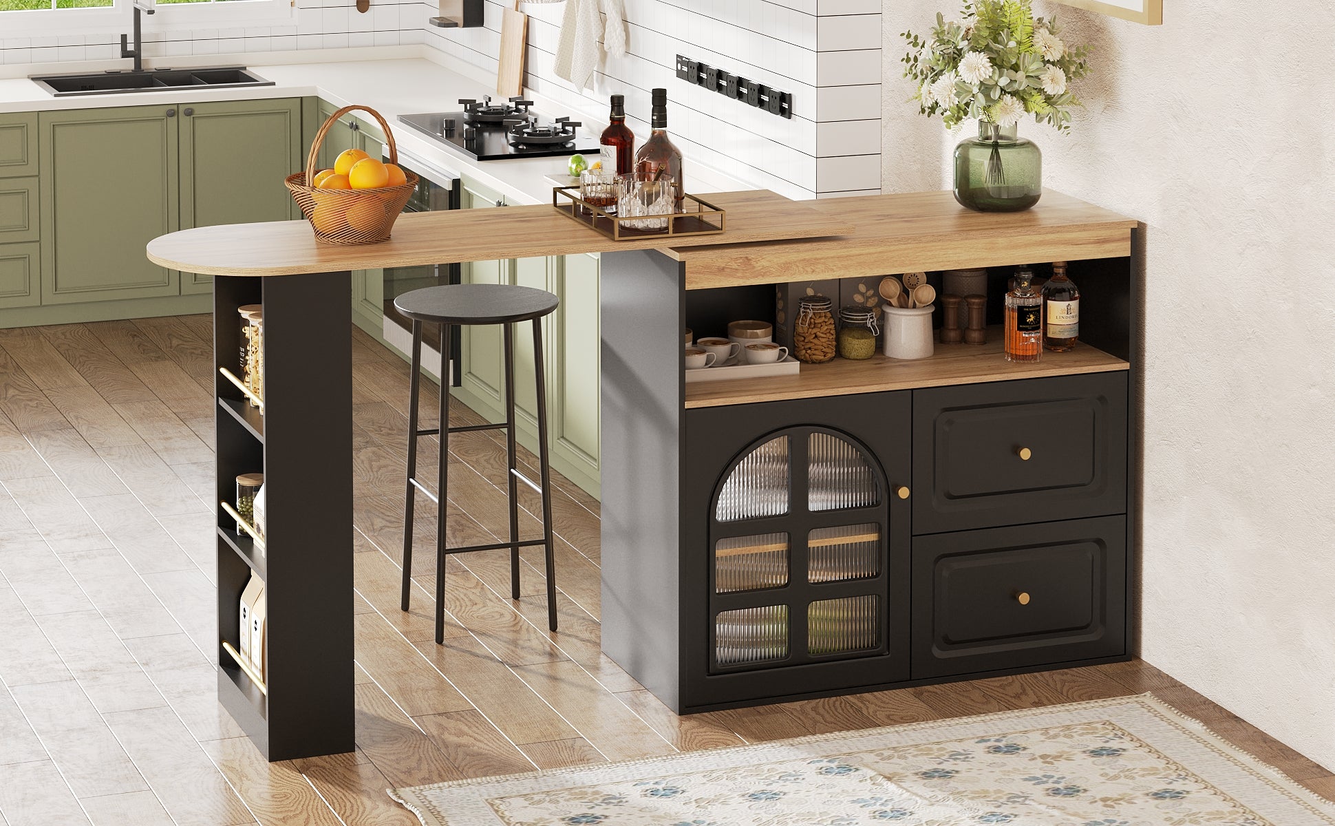 360° Rotating Dining Bar Storage with 2 Drawers Curved Glass - Black