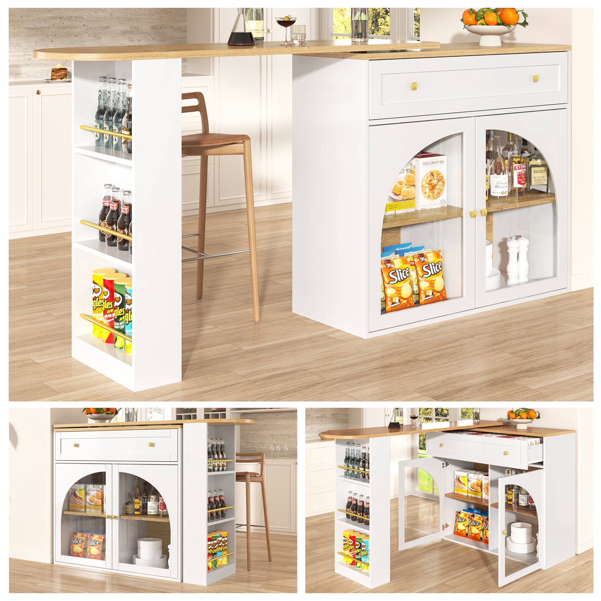 Bar Table Extendable 360° Rotating Storage with Shelves & Glass - White