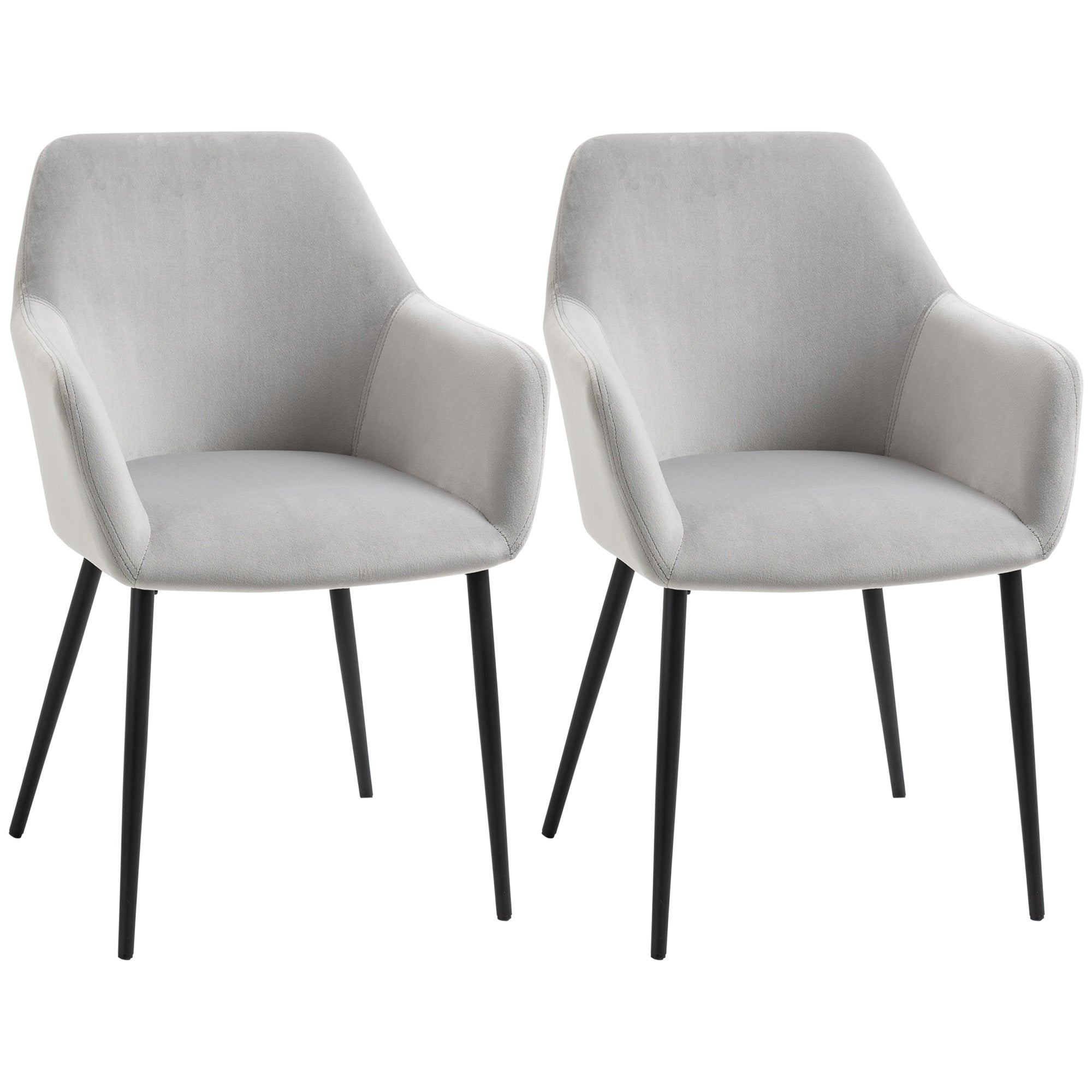 Dining Chairs Set of 2 Upholstered Backrest Steel Legs, Light Gray Velvet Look
