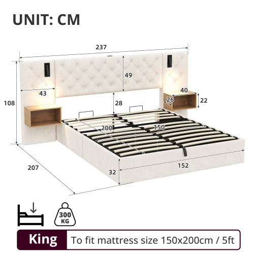 King Upholstered Bed with Charging Station, Reading Light, and Hydraulic Storage, Beige Velvet