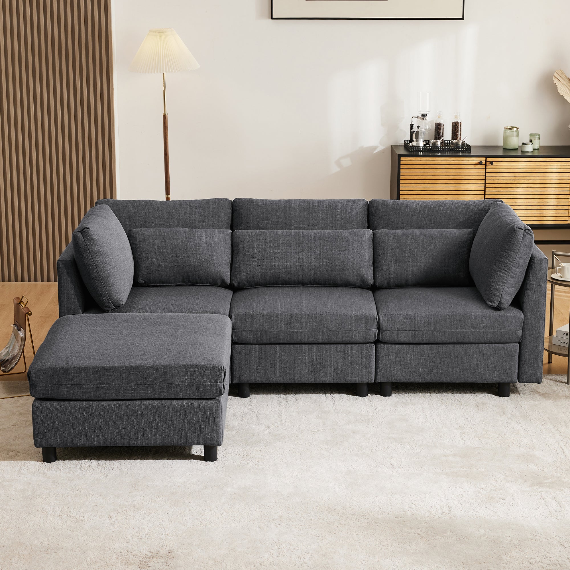 Sofa, Three-Seater L-Shaped Corner with Footstool, Upholstered