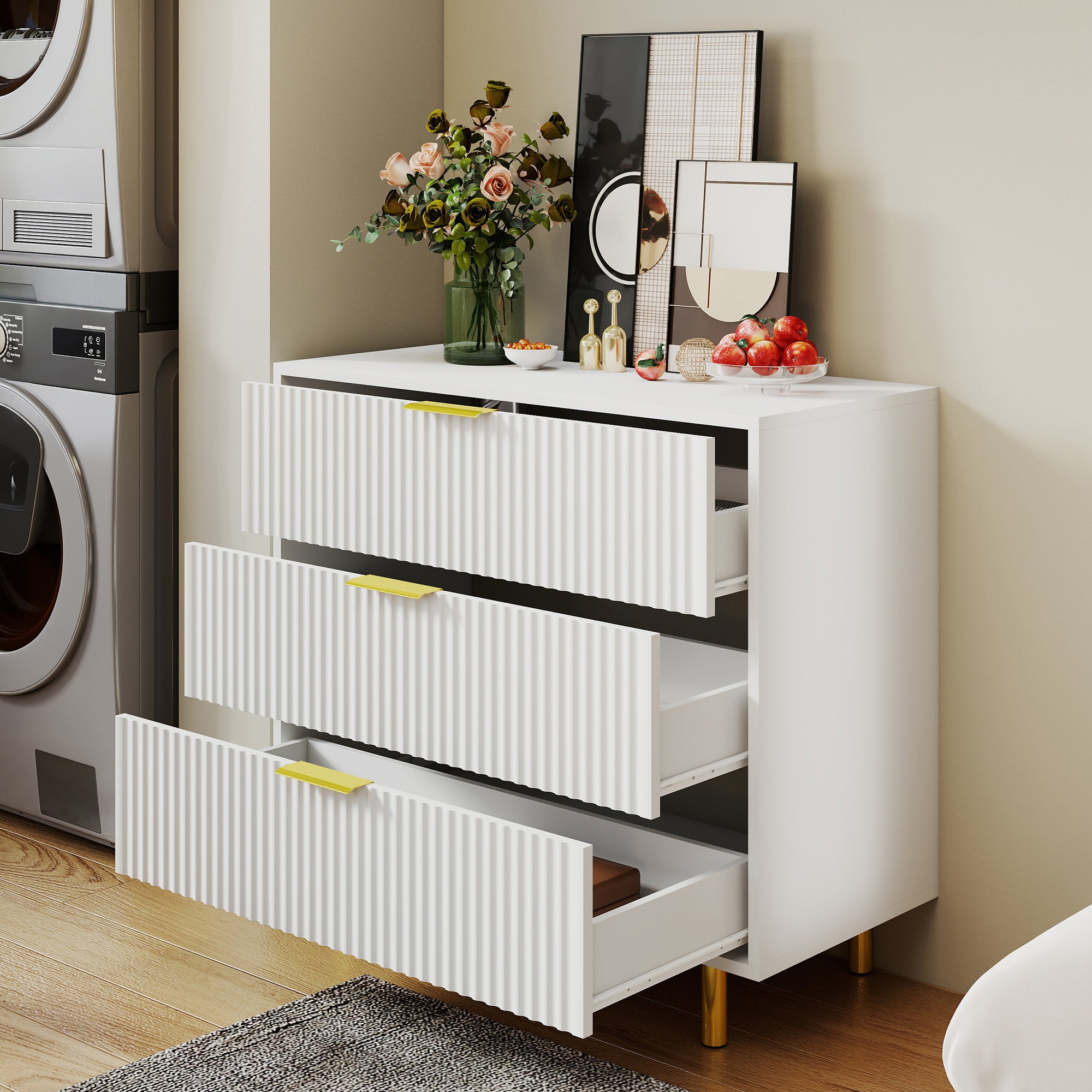 Chest of Drawers Sideboard 3 Drawers Modern Design - White and Gold