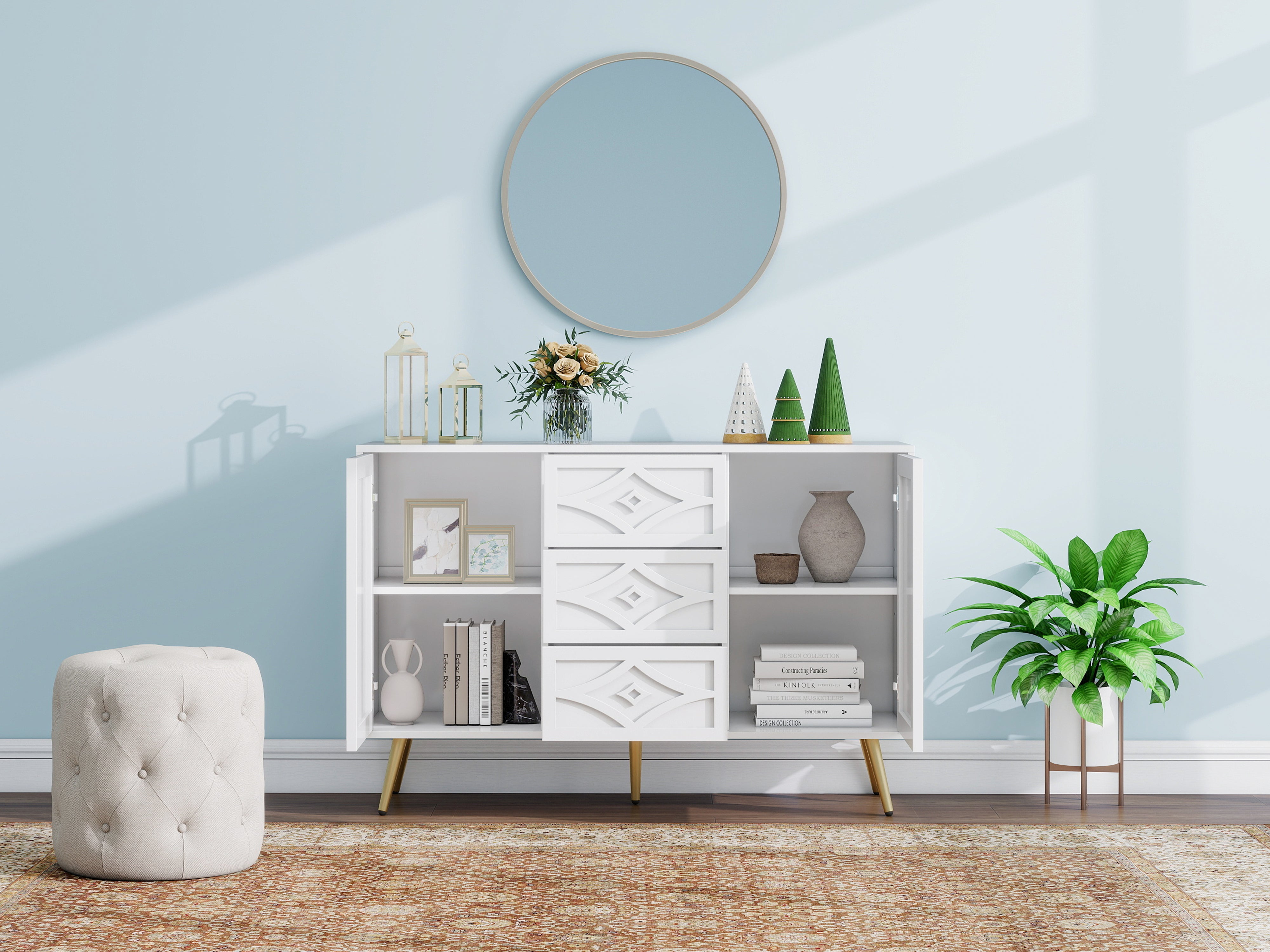 Chest of Drawers, Diamond Pattern with 3 Drawers & 2 Doors, Gold Feet White