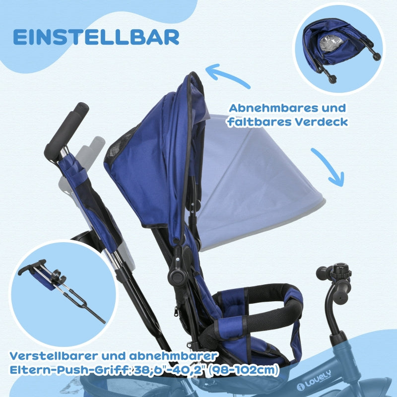 6-in-1 Tricycle with Push Bar and Sun Canopy, Dark Blue