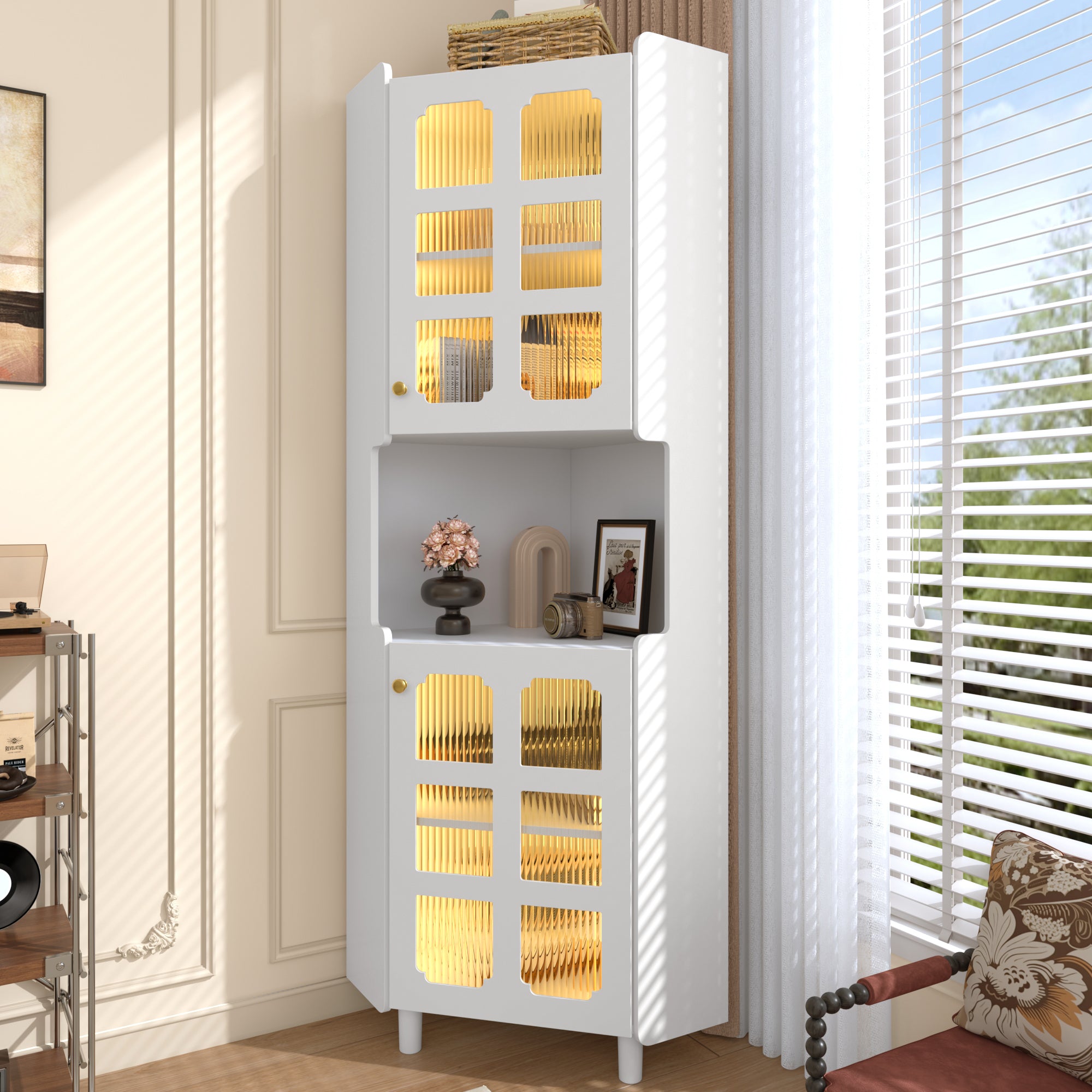 Corner Cabinet LED Multifunctional Storage - White Lacquer Finish