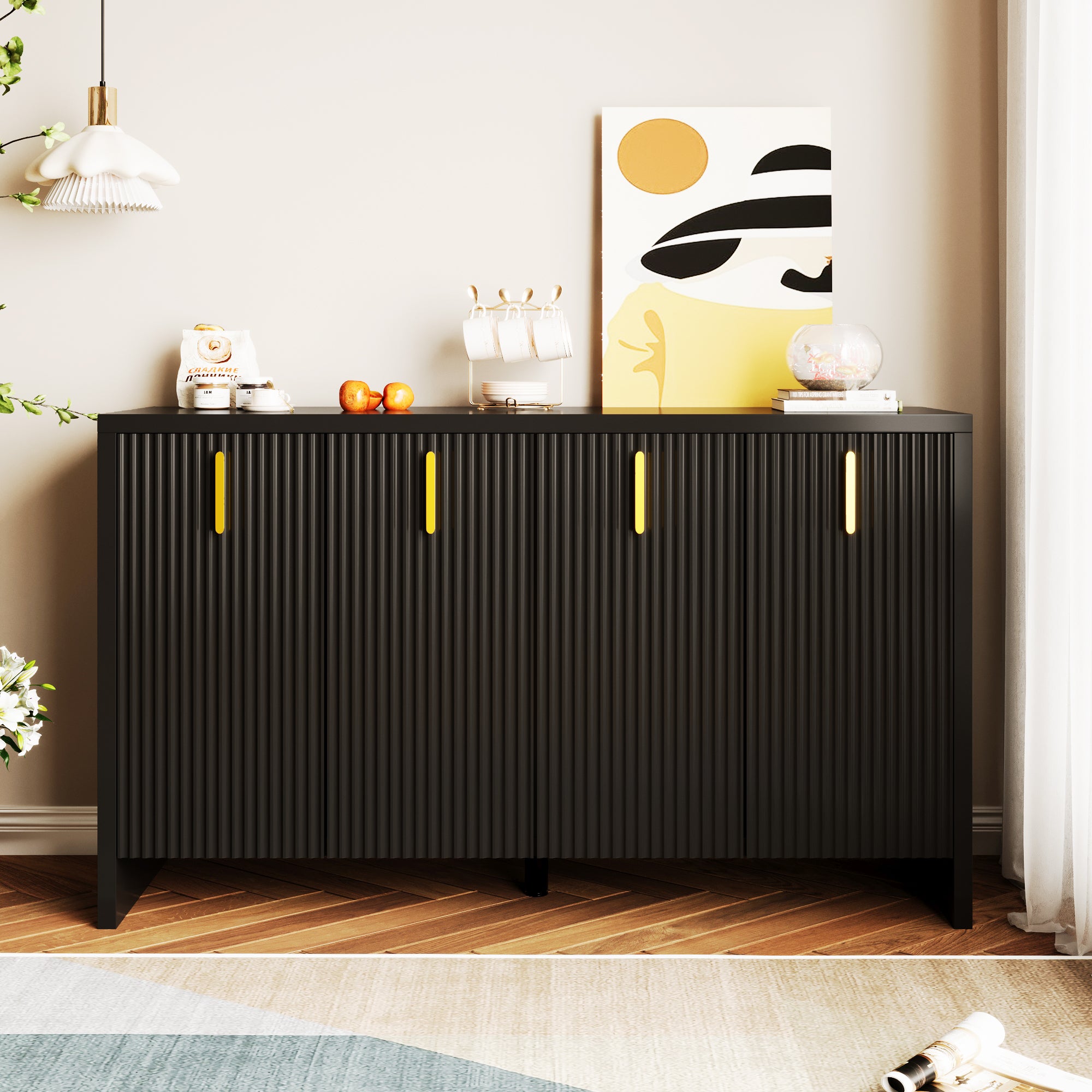 Sideboard, Minimalist with Flexible Storage, Gold Handles & Adjustable Dividers, Black