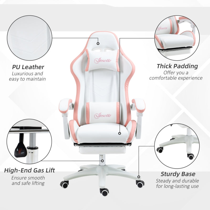 Computer Gaming Chair with Footrest, 135° Reclining Back, Lumbar Support, White and Pink PU Leather