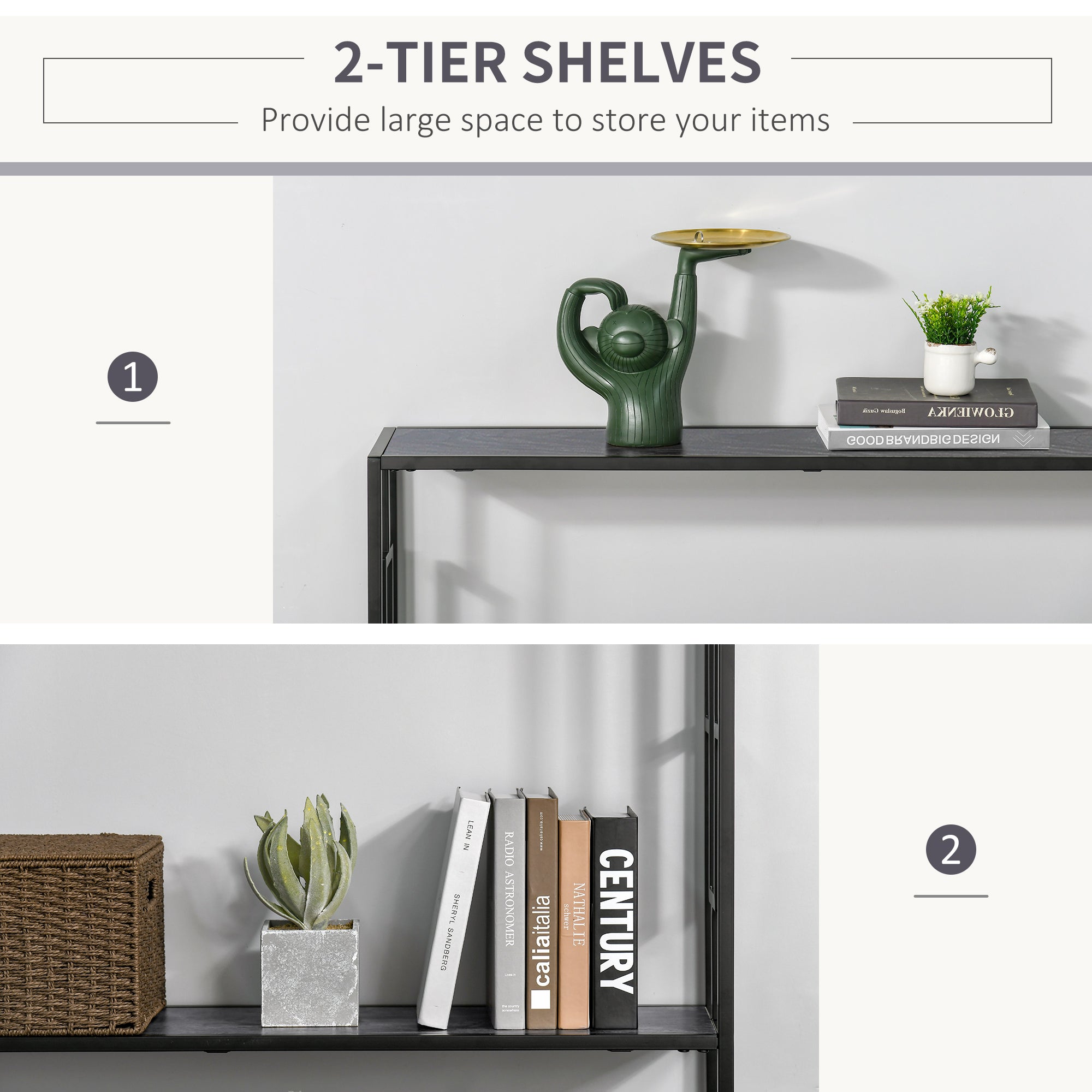 Industrial Console Table, Storage Shelf Narrow Hallway Dressing Desk Metal Frame, Grey and Black