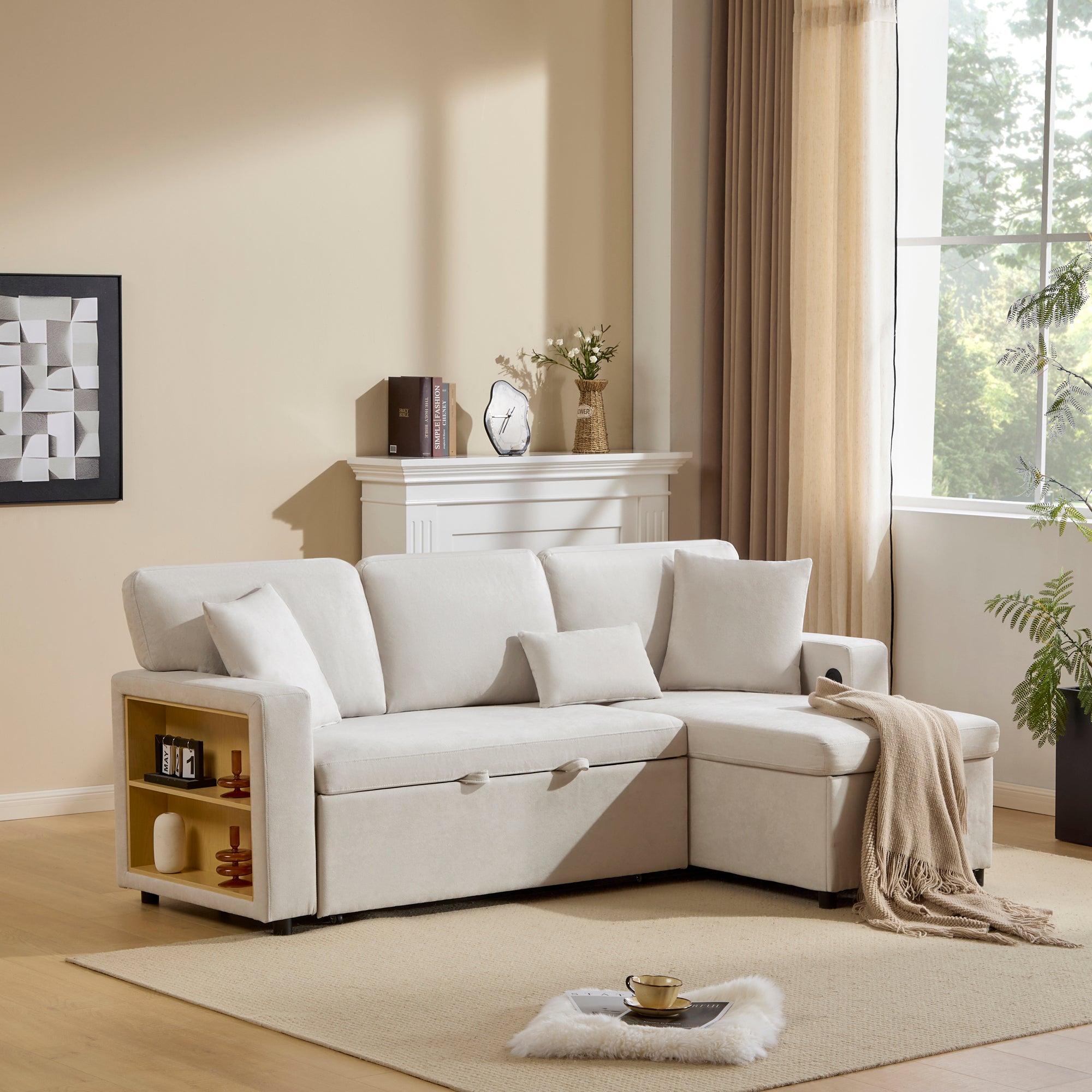Corner Sofa Bed L-Shaped Extendable with Storage, Beige