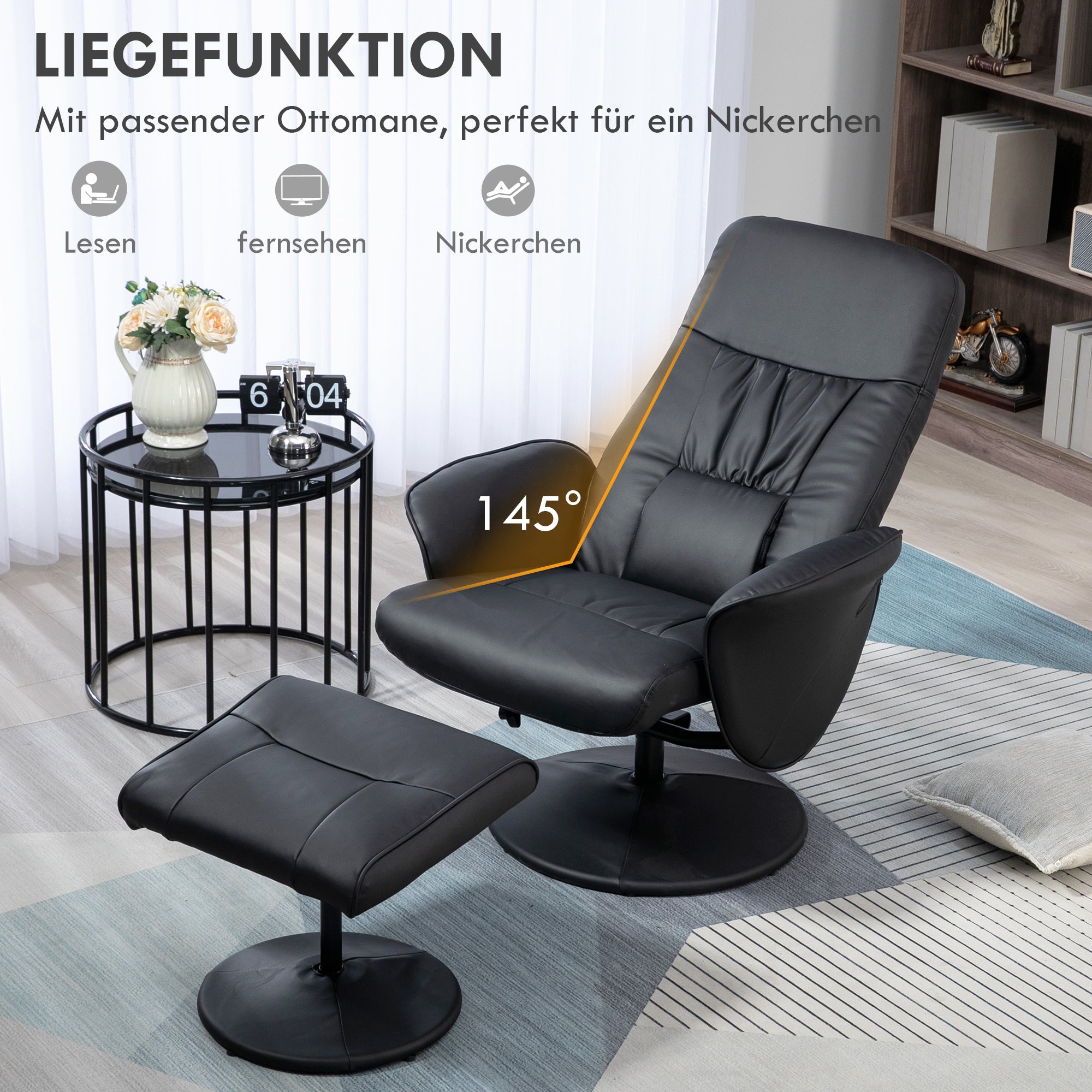 Recliner Chair with Footstool, Swivel Upholstered TV Chair, Faux Leather, Black