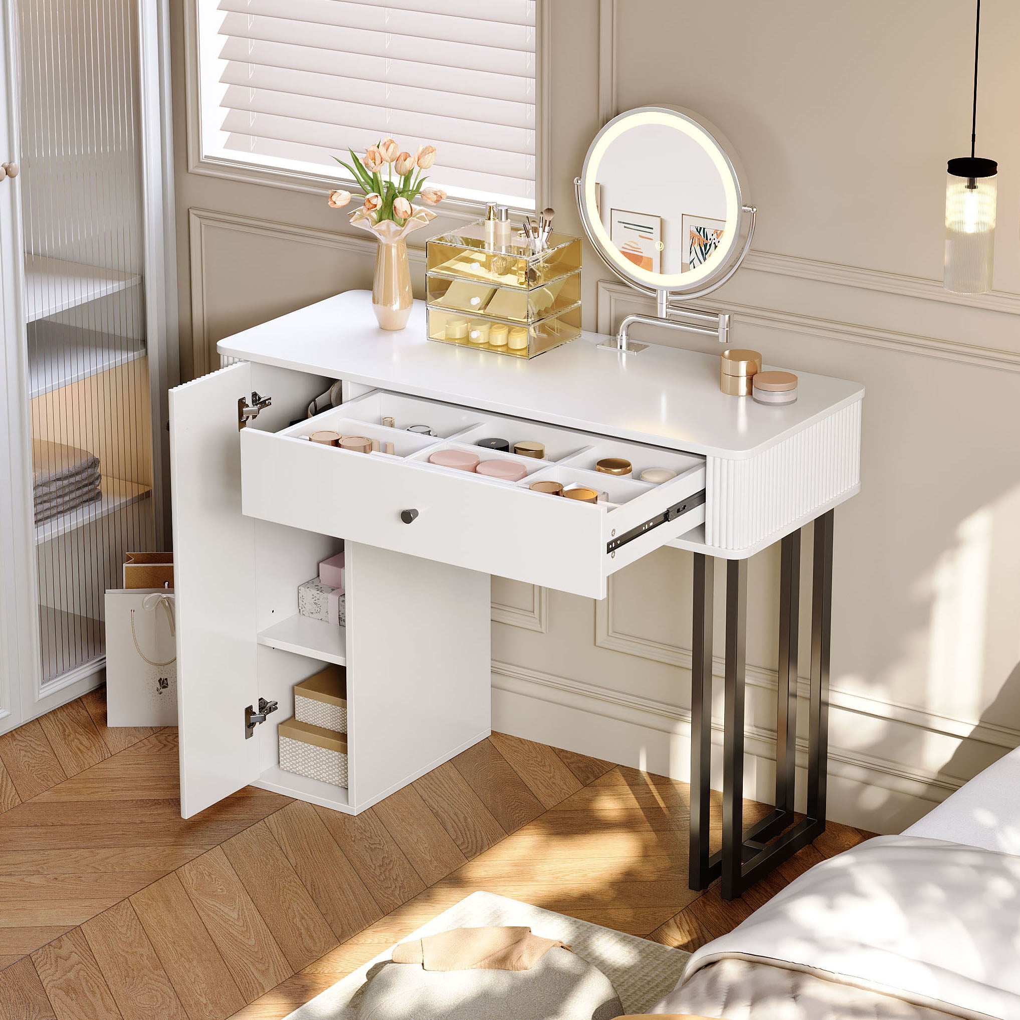Dressing Table with LED Mirror, 1 Drawer, 1 Door, 3-Color Lighting, White