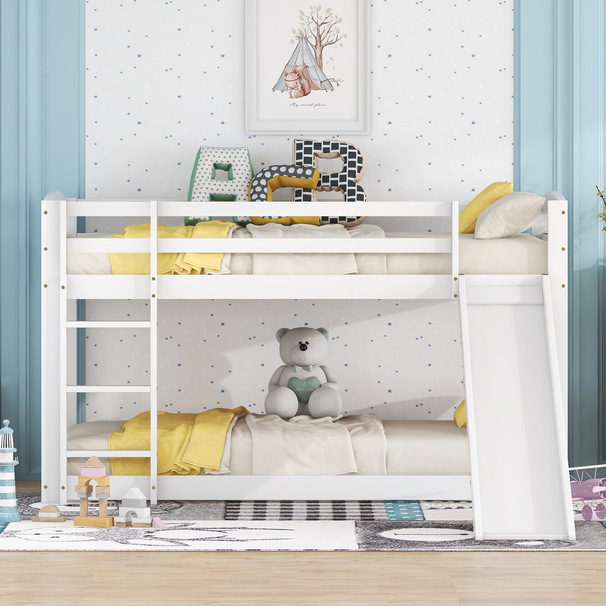 Bunk Bed 90x200cm with Slide, Solid Wood Frame for Kids & Teens, White