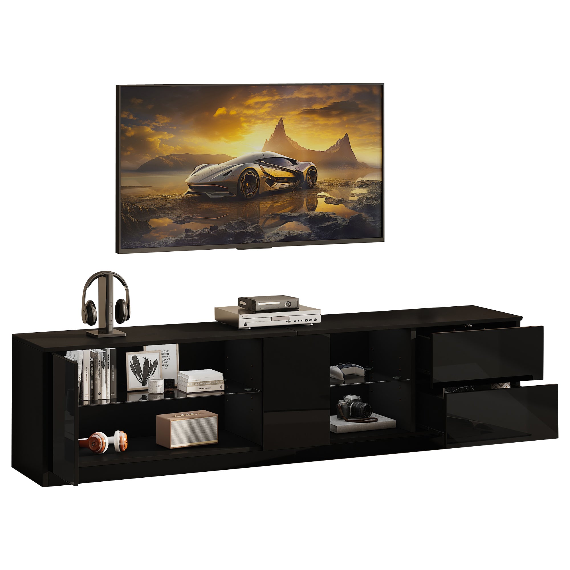 TV Stand, 160x40x52cm LED Lighting for 65" TVs, High-Gloss Black
