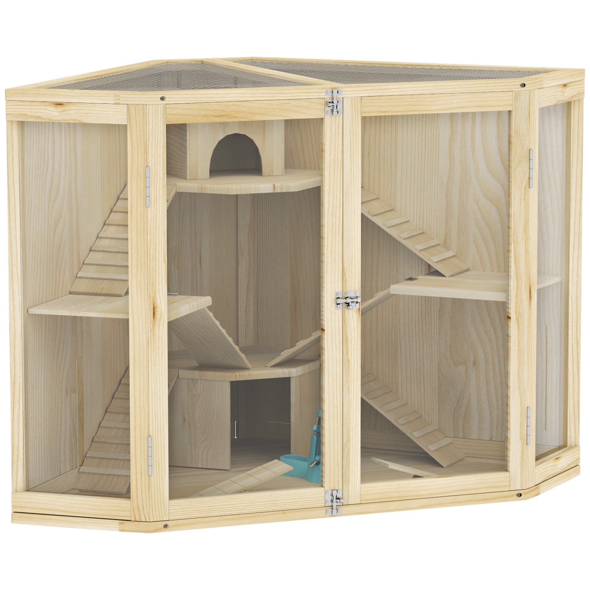 Wooden Hamster Cage, 4 Levels, Feeding Station, Seesaw, Ramp, Huts