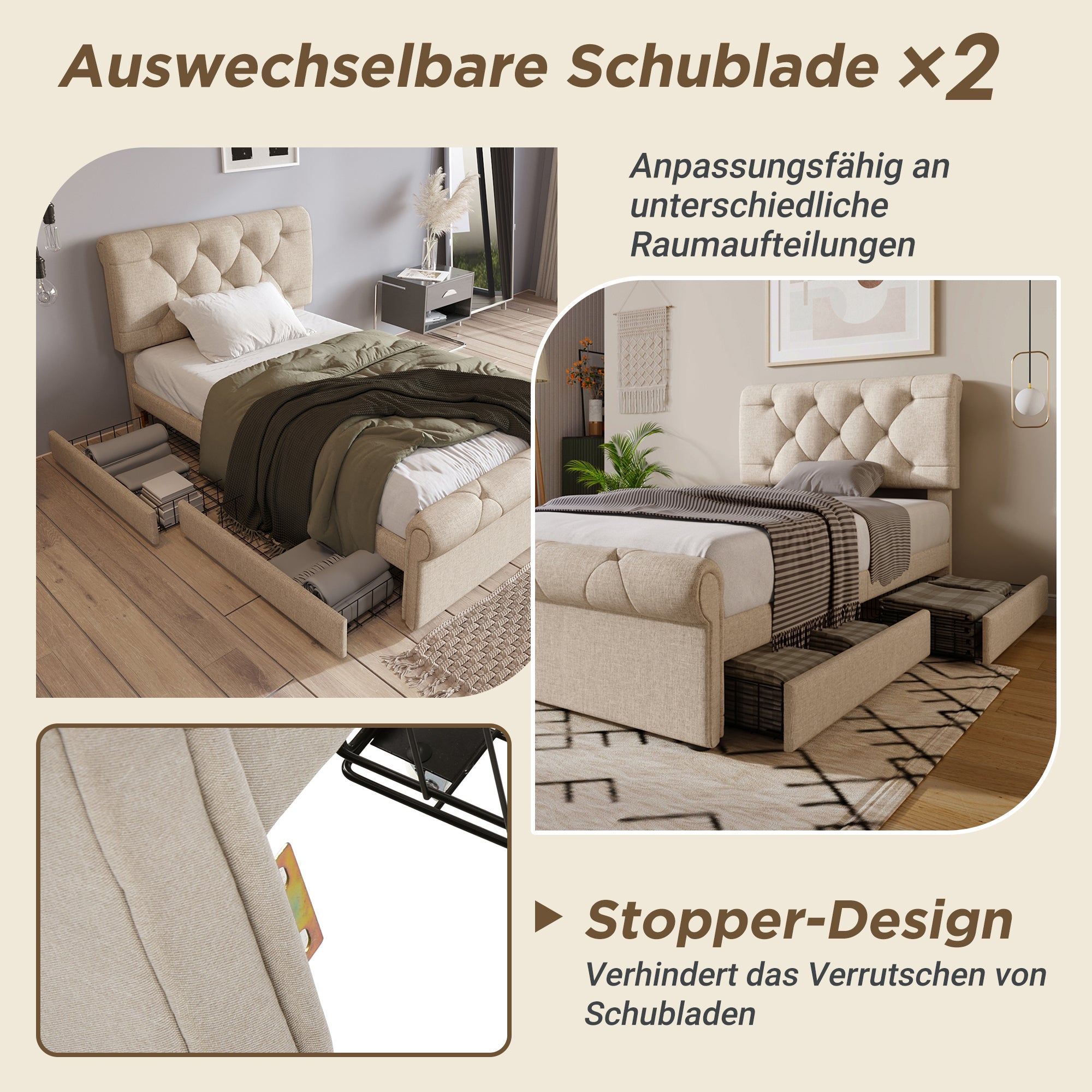 Single Upholstered Bed, 90x200cm with 2 Drawers, Adjustable Headboard, Natural