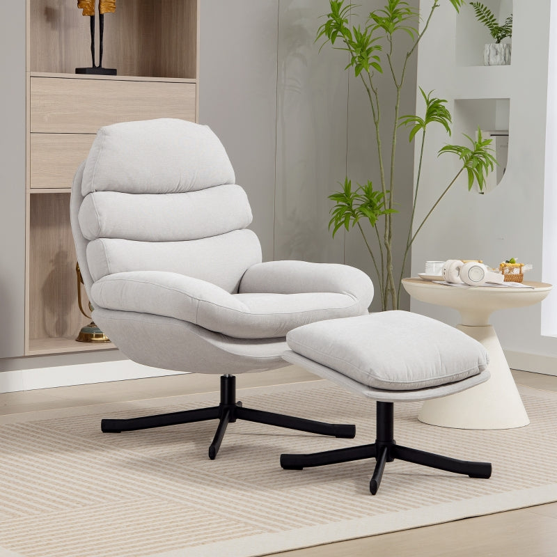 Reclining Armchair with Footstool, Lounge Chair, Modern TV Chair, Cream White Chenille Fabric