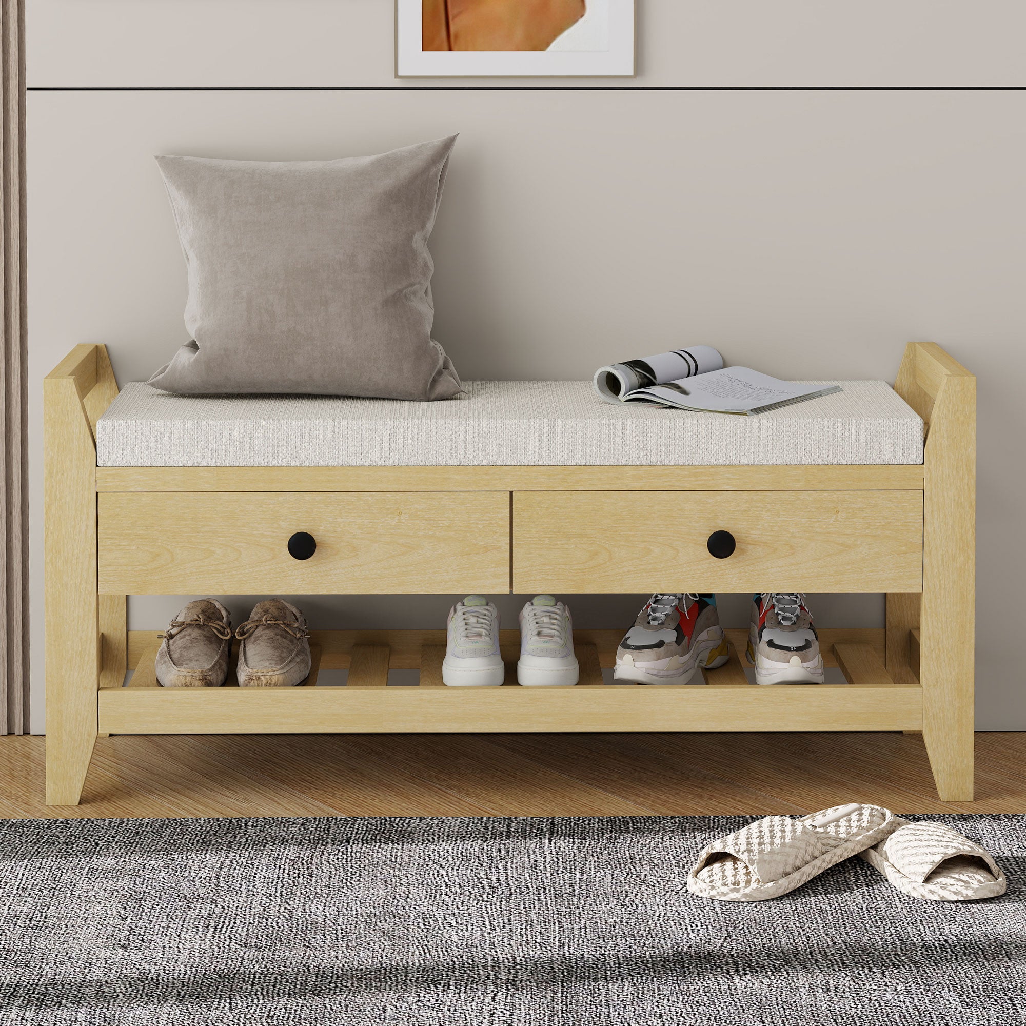 Modern Shoe Bench with Seat & Storage, Cushion, Natural
