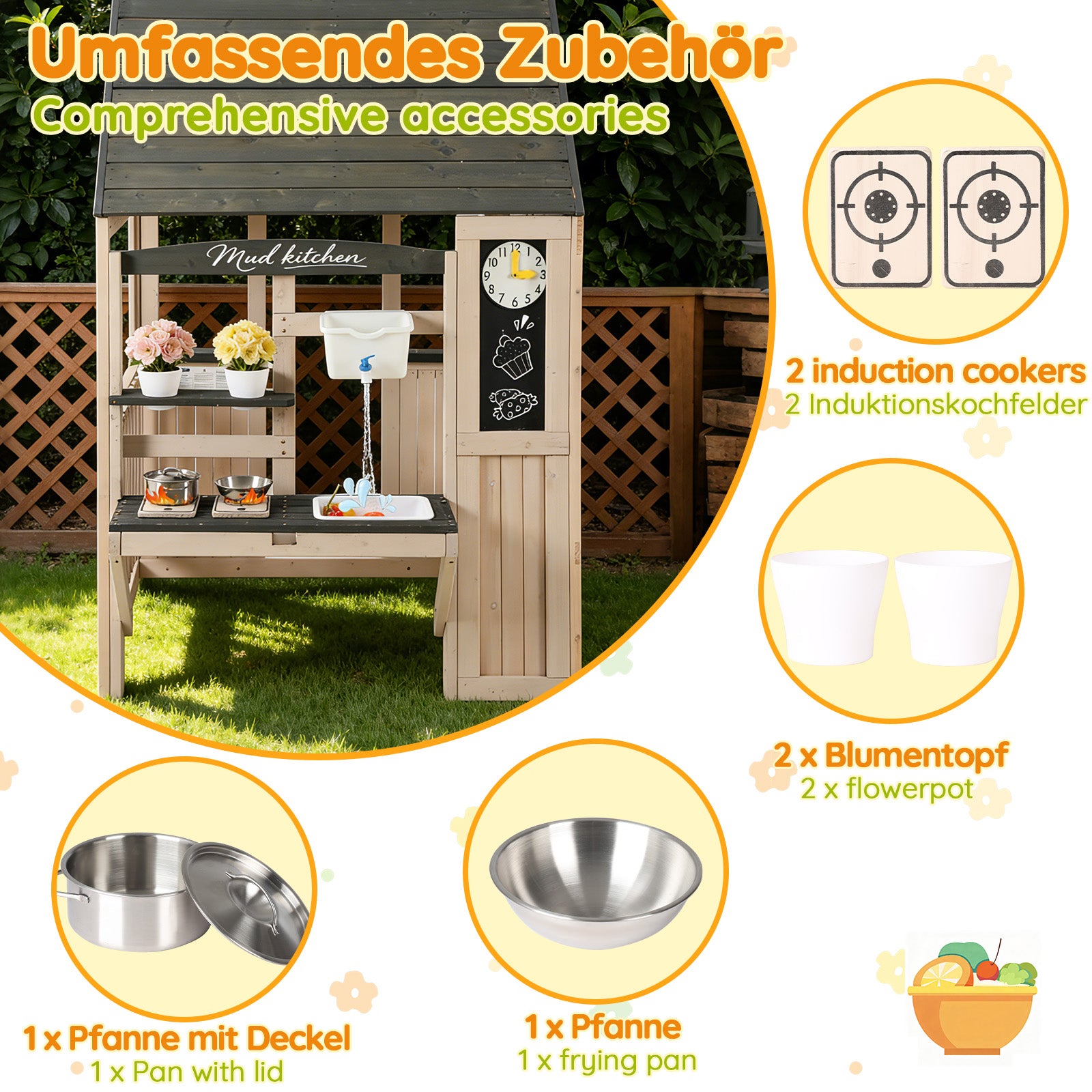 Outdoor Mud Kitchen with Real Tap and Garden Accessories, Wood