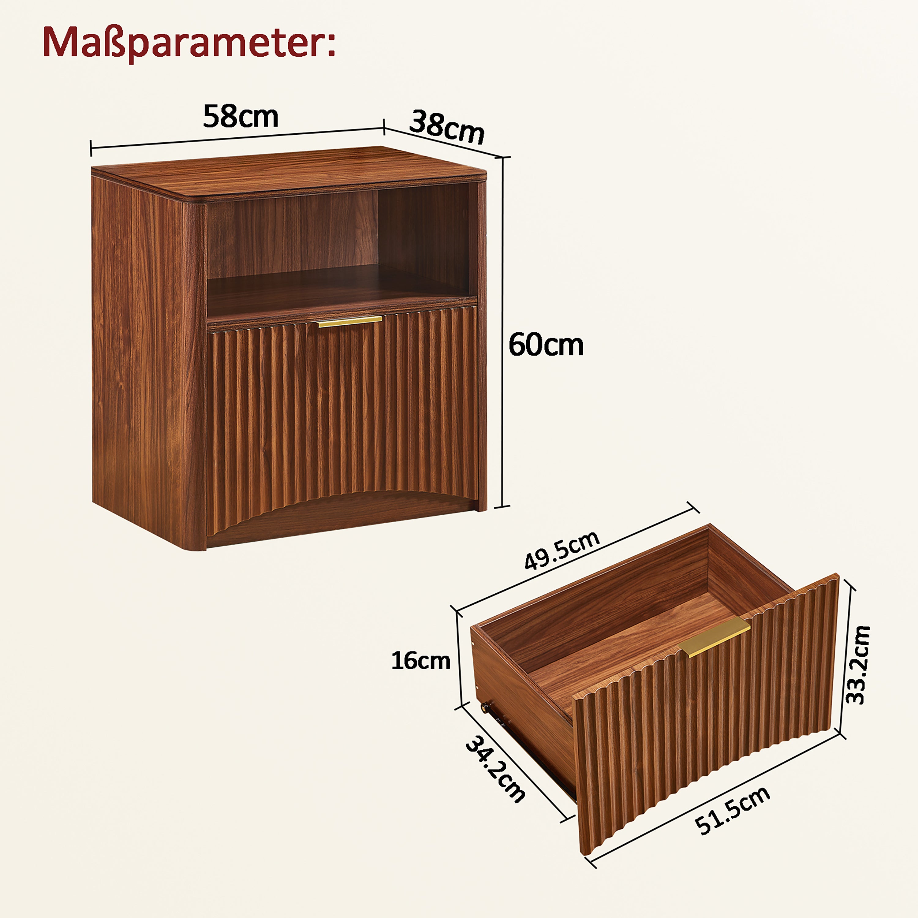 Nightstand Grooved Open Drawer Gold Handles - Walnut Look