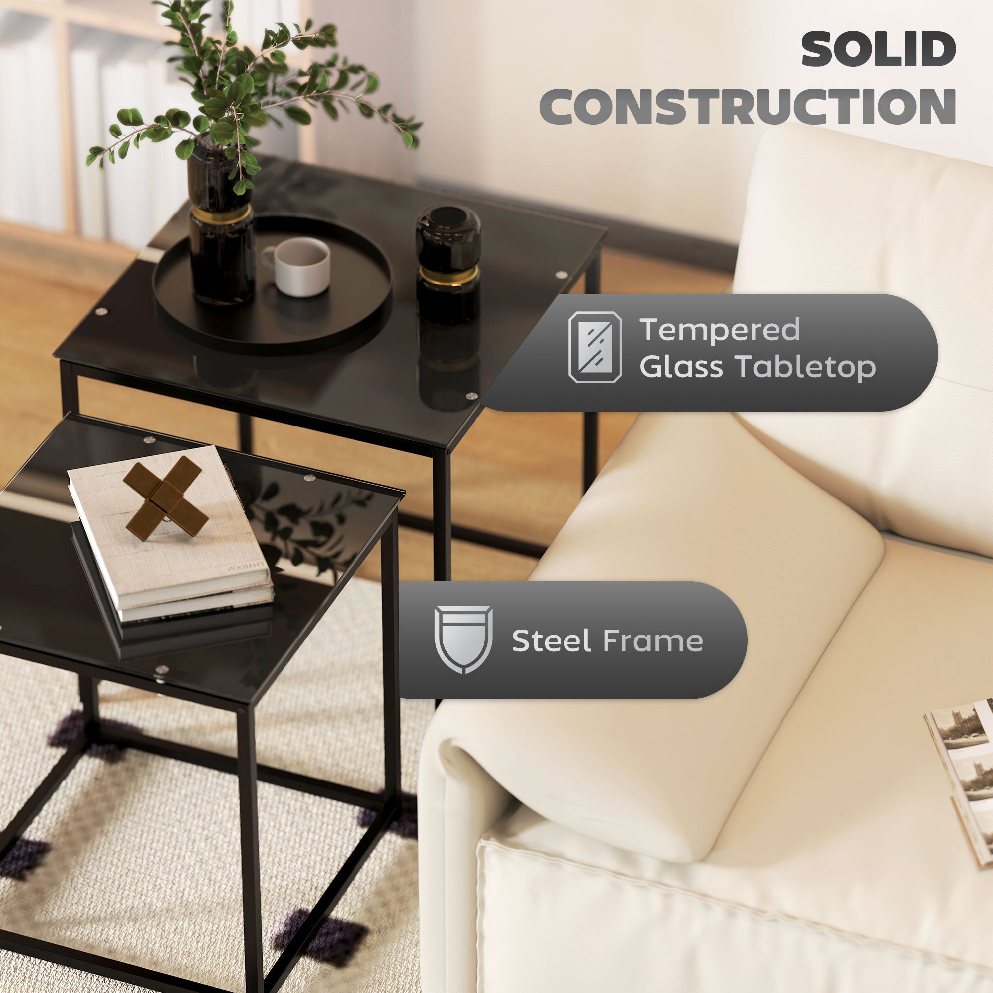 Side Table Set of 2, Coffee Table with Glass Top, Square, Black Steel